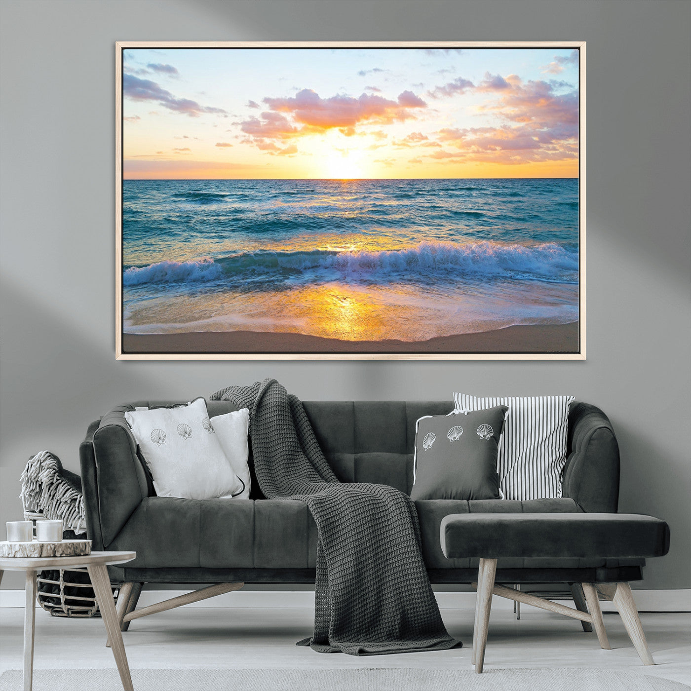 MGV-FC-36X24 - Ocean Sunset Triptych Canvas Wall Art, Giclee Beach Sunset Print with Gentle Waves, Coastal Art for Relaxation Spaces