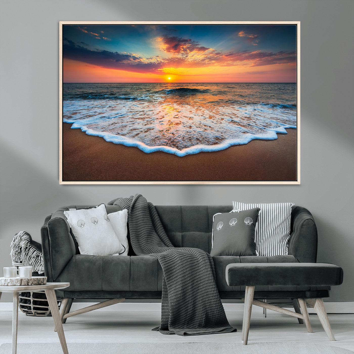 MGV-FC-36X24 - Sunset Beach Canvas Wall Art – Colorful Ocean Waves Triptych – Coastal Decor for Living Room or Bedroom – Framed and Ready to Hang