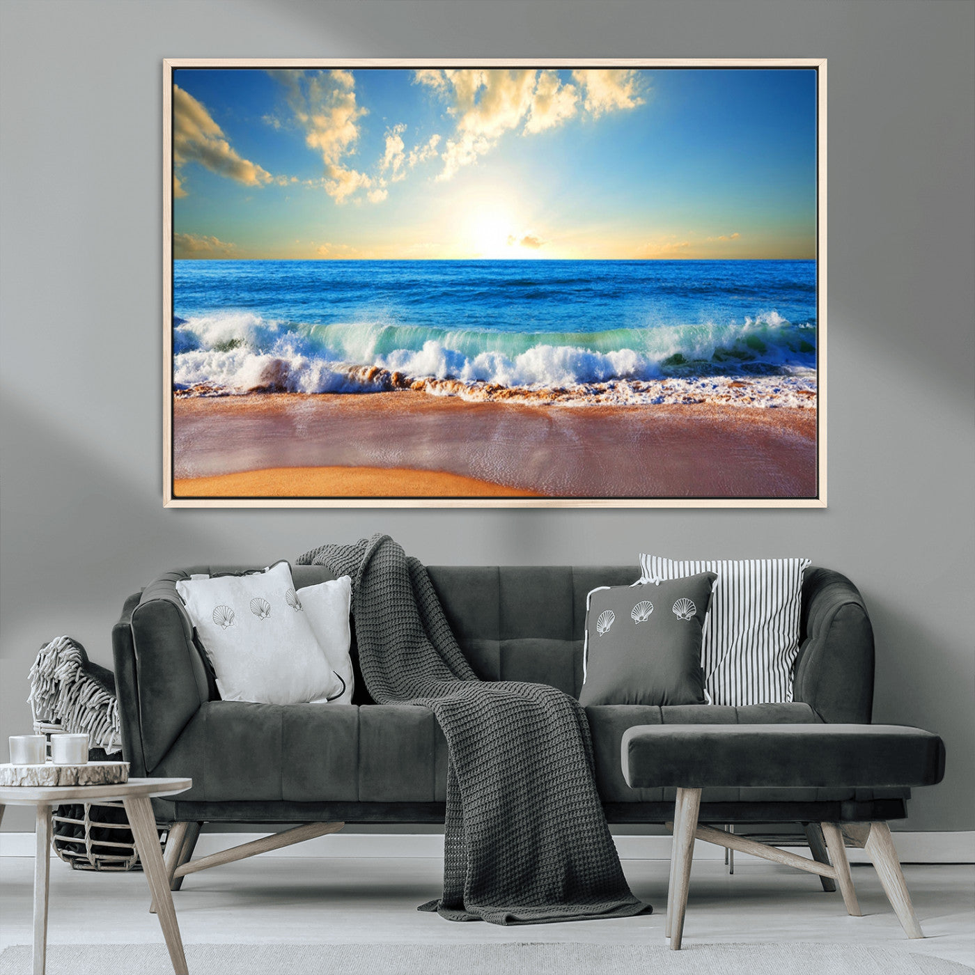 MGV-FC-36X24 - Tropical Beach Sunset Canvas Art, Ocean Waves and Sandy Shoreline Wall Art, Large Beach Decor for Coastal Homes