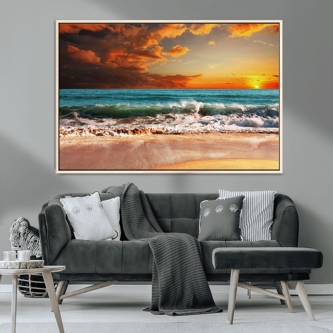 MGV-FC-36X24 - Golden Sunset Beach Canvas Wall Art – Triptych Seascape Print – Framed and Ready to Hang for Living Room or Office