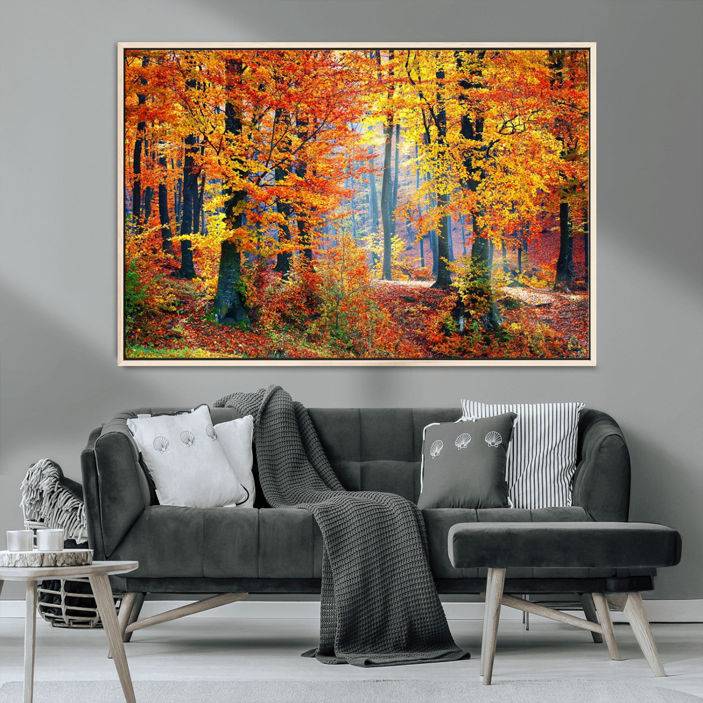 MGV-FC-36X24 - Autumn Red Forest Triptych Canvas Wall Art Print, Forest Wall Decor, Fall Landscape Art | Season Nature Landscape for Home or Office