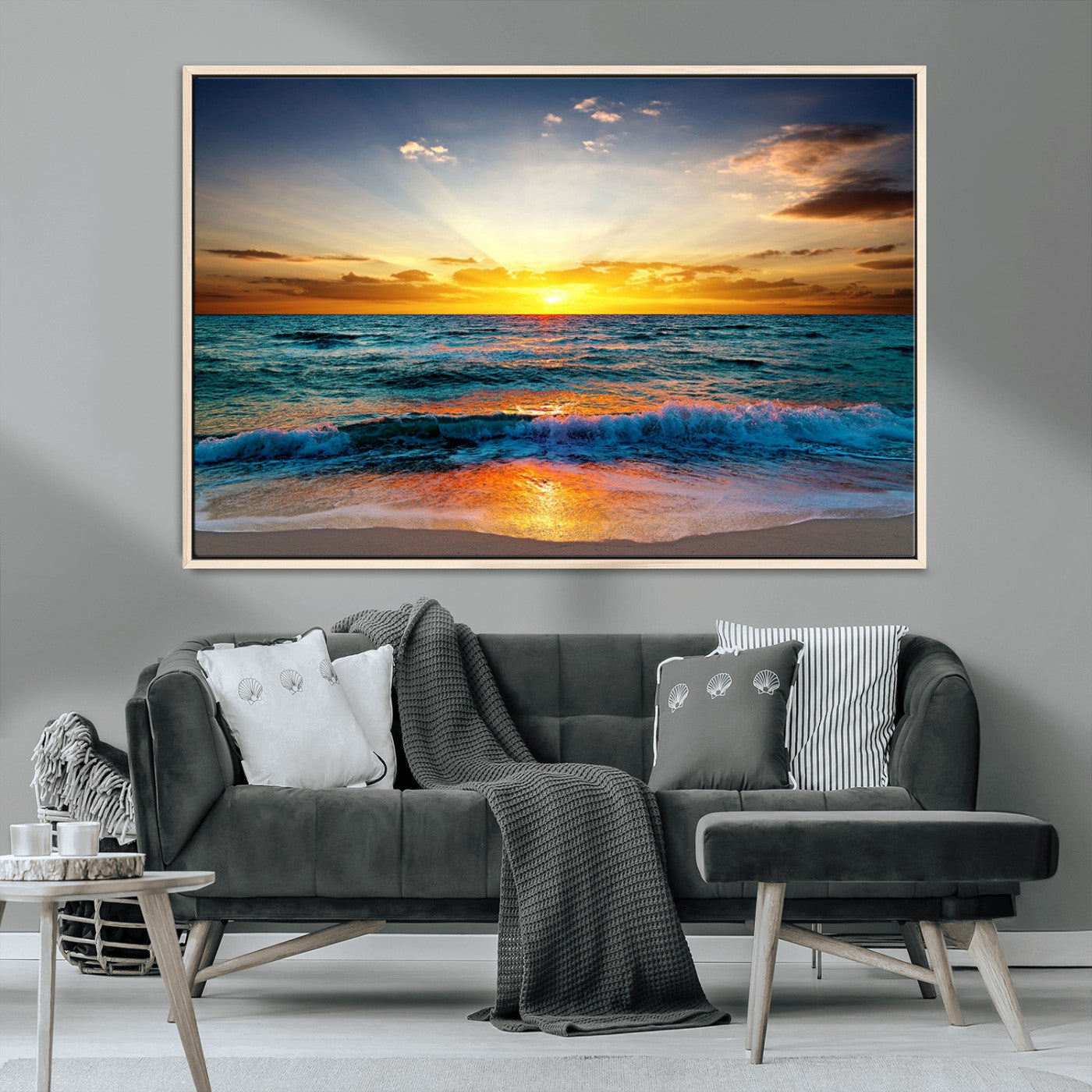 MGV-FC-36X24 - Vibrant Ocean Sunrise Over Golden Beach Waves, Giclee Canvas Wall Art Set, High-Quality Stretched Canvas Print, Ready to Hang Coastal Sunset Wall