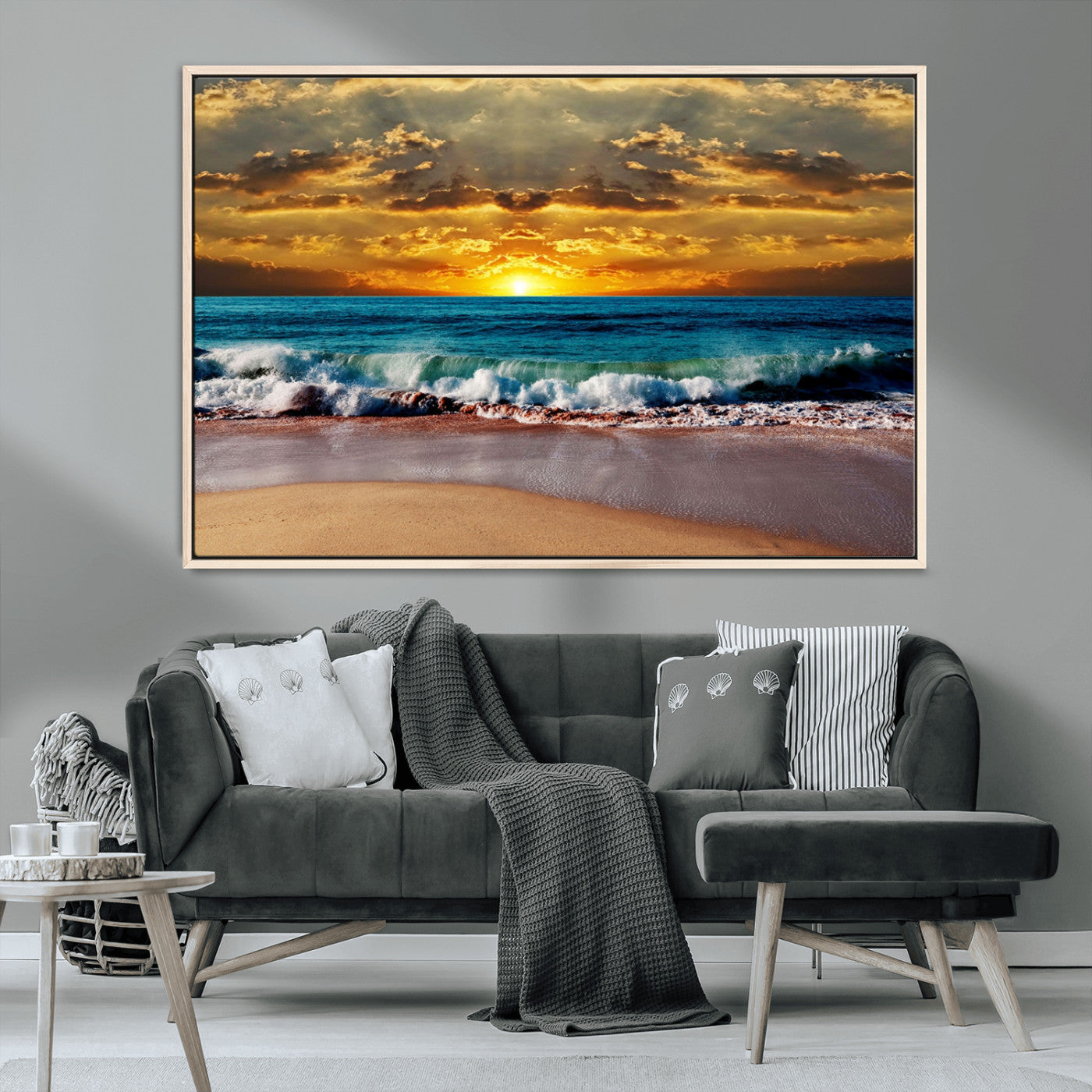 MGV-FC-36X24 - Ocean Sunrise Over Golden Beach Waves, Giclee Canvas Wall Art Set, High-Quality Stretched Canvas Print, Ready to Hang Coastal Sunset Wall Decor