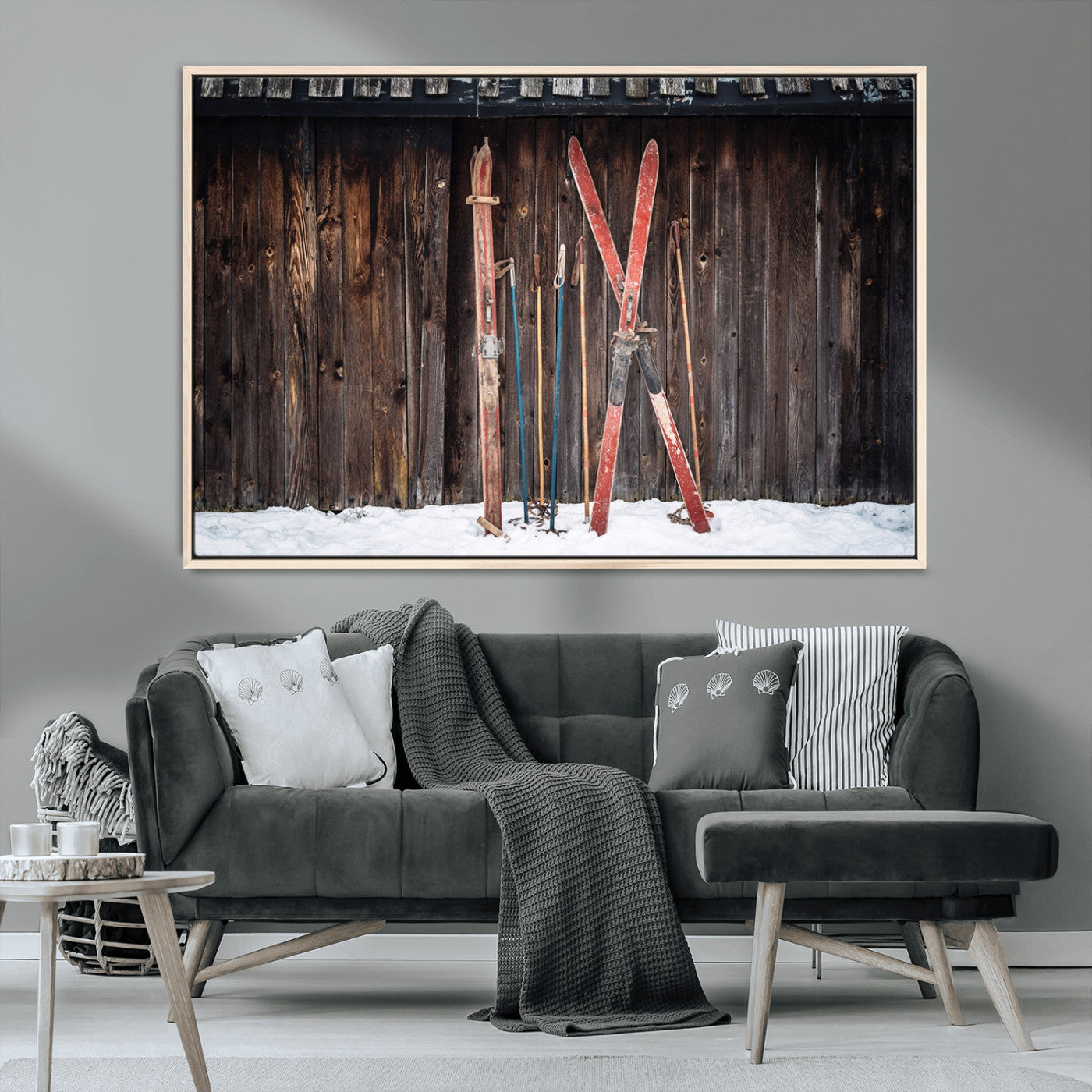 MGV-FC-36X24 - Vintage Ski Gear Against Wooden Cabin Wall, Rustic Winter Sports Equipment Canvas Print, Ready to Hang Wall Art, Perfect for Lodge or Ski Cabin Decor