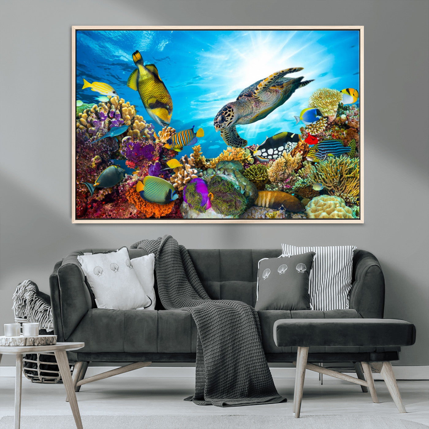 MGV-FC-36X24 - Sea Turtle Coral Reef Wall Art Print – Colorful Underwater Canvas Print – Tropical Ocean Marine Life Artwork – Perfect for Coastal Home Decor