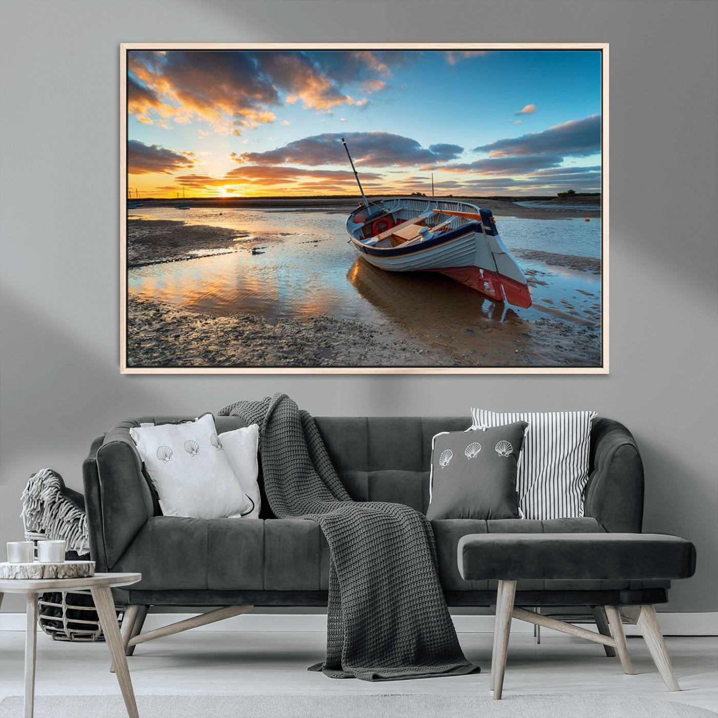 MGV-FC-36X24 - Small Boat At The Beach Sunset Wall Art, Boat Sunset Wall Art Canvas Print