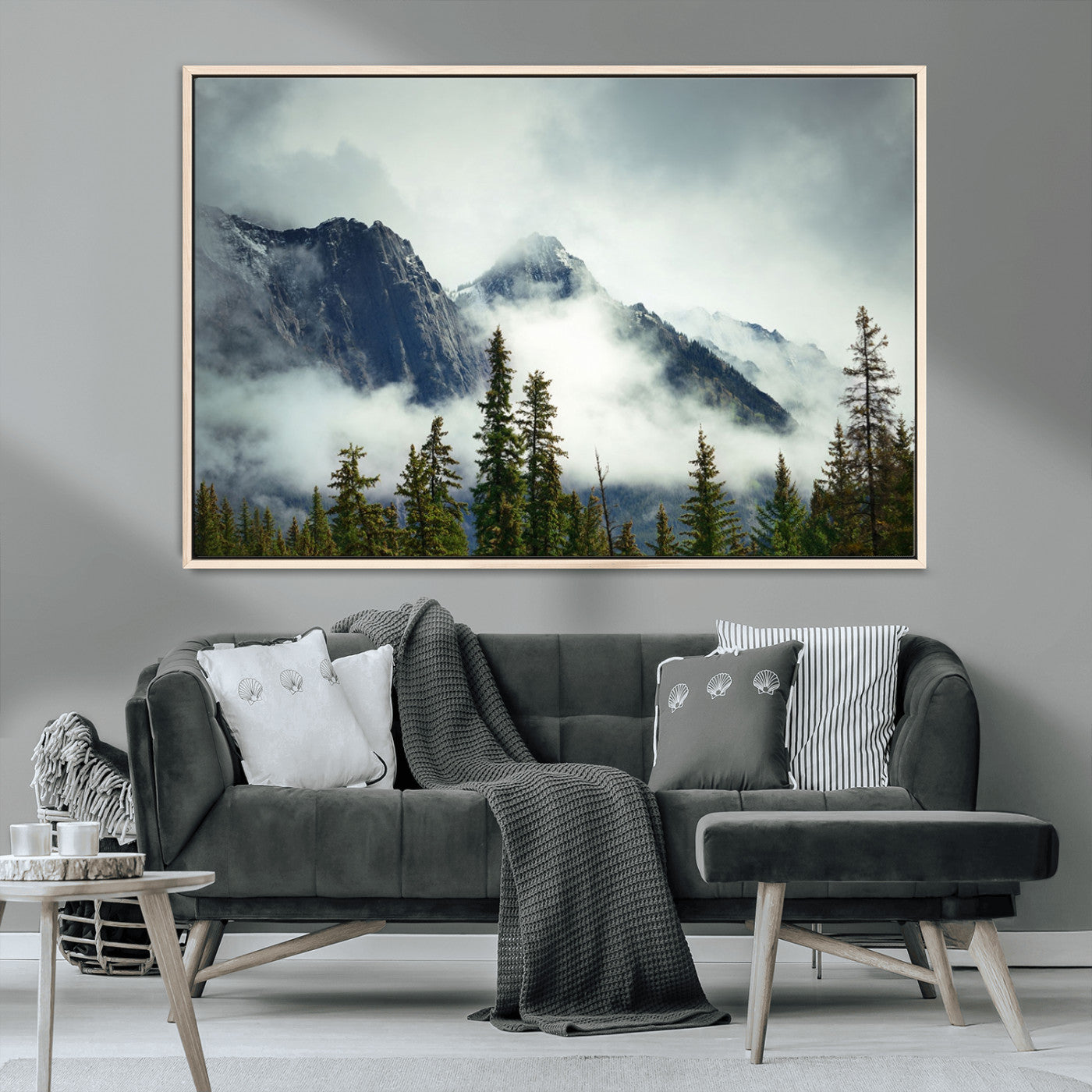 MGV-FC-36X24 - Mountain Mist Canvas Wall Art | 3-Panel Foggy Forest and Mountain Landscape | Large Giclee Print for Living Room, Office, or Cabin, Farmhouse Decor