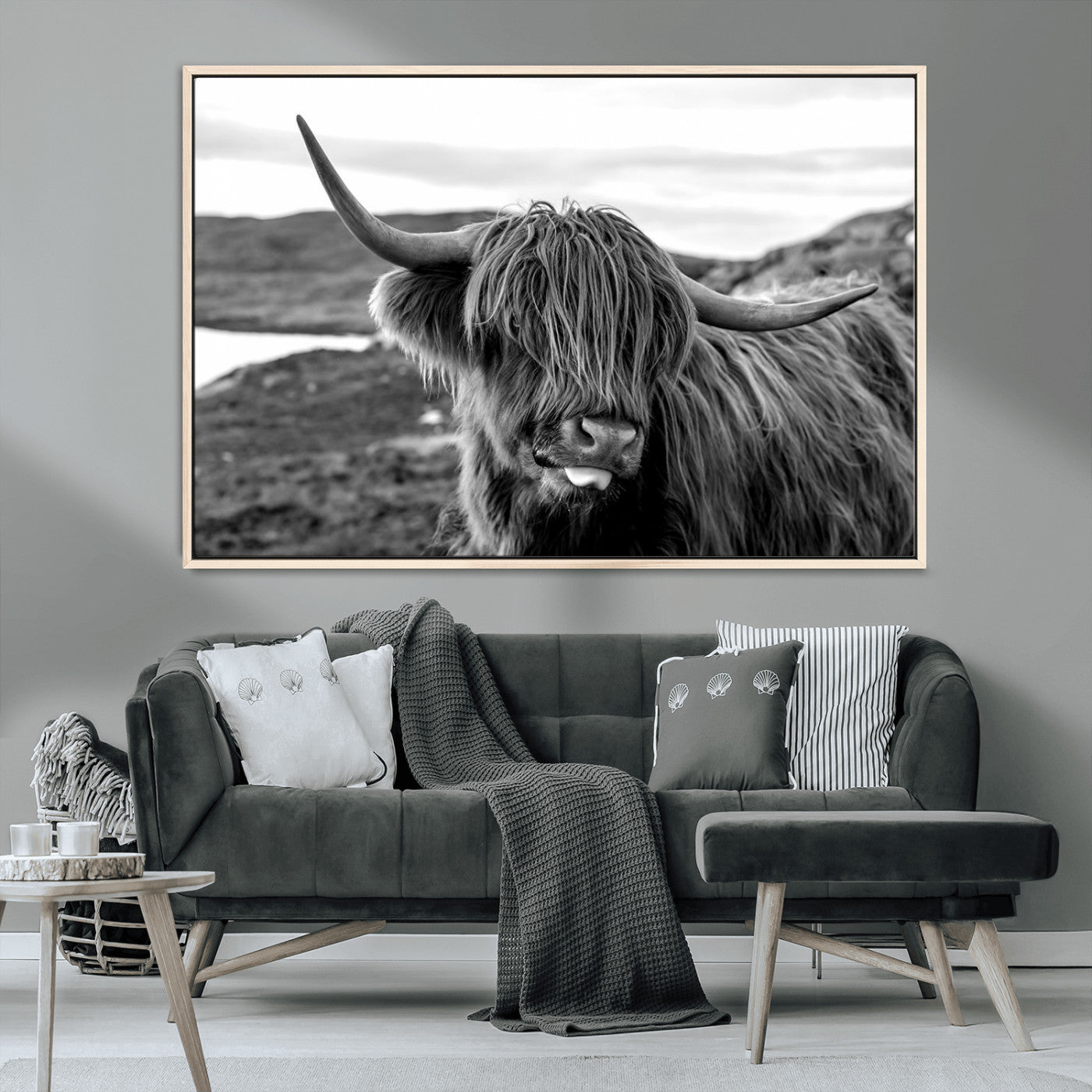 MGV-FC-36X24 - Highland Cow Canvas Wall Art – Black and White Animal Portrait – Framed and Ready to Hang Rustic Farmhouse Decor for Living Room or Office