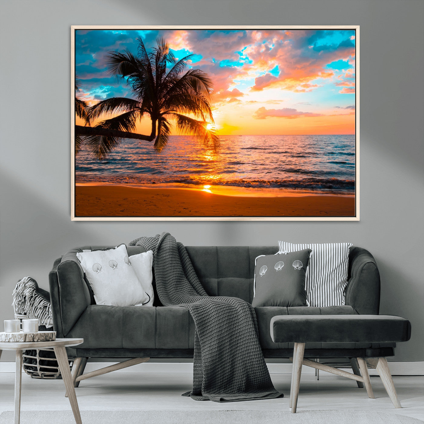 -Palm Tree Sunset On The Beach Wall Art Canvas, Framed Palm Tree Sunset Canvas Print