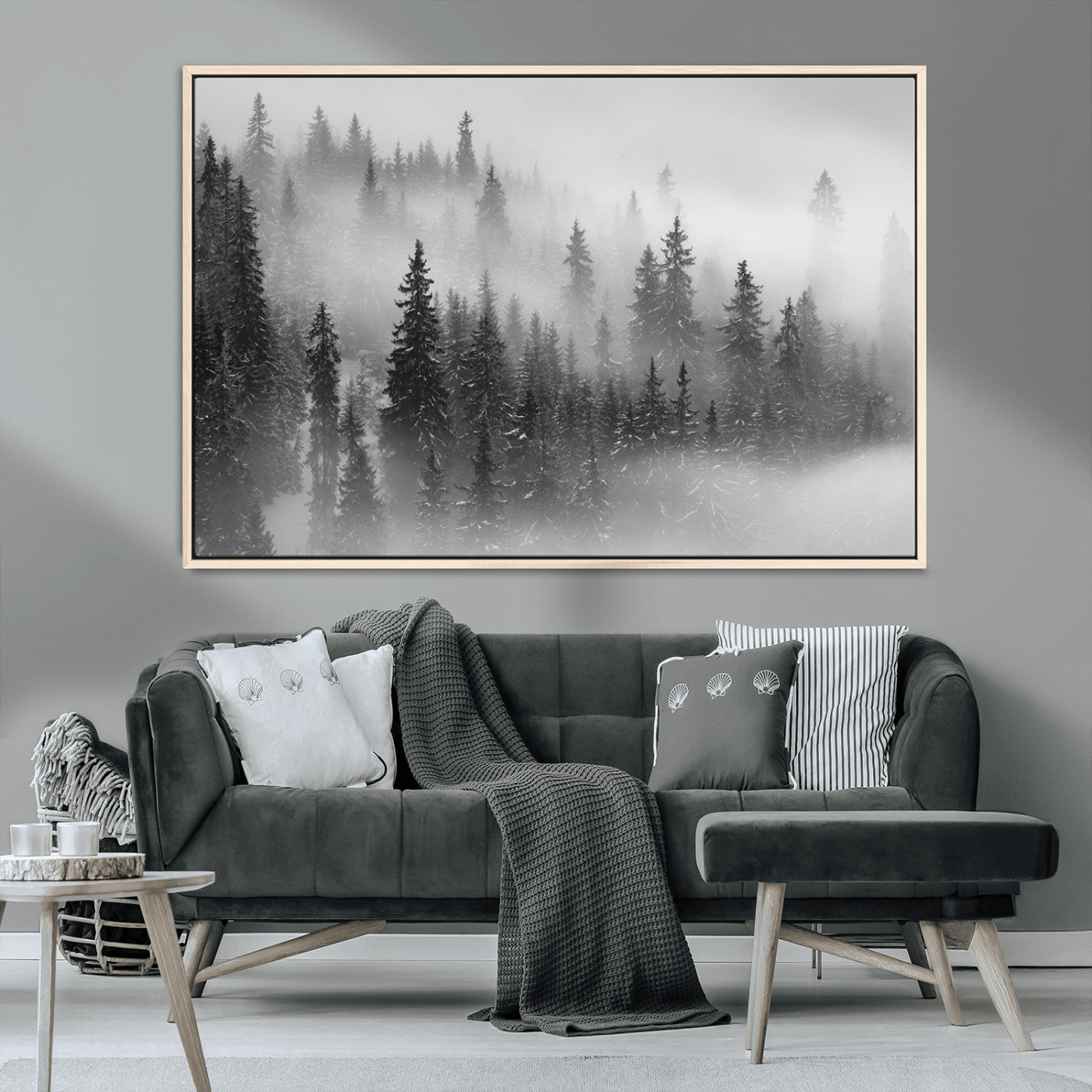 MGV-FC-36X24 - Black and White Forest Wall Art Print – Misty Pine Tree Canvas Print – Winter Woodland Nature Artwork – Perfect for Minimalist Home Decor