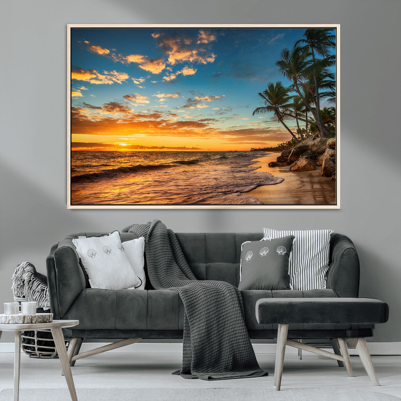MGV-FC-36X24 - Tropical Beach Sunset Wall Art Print – Palm Tree Coastal Canvas Print – Ocean Seascape Artwork – Perfect for Tropical Modern Home Decor