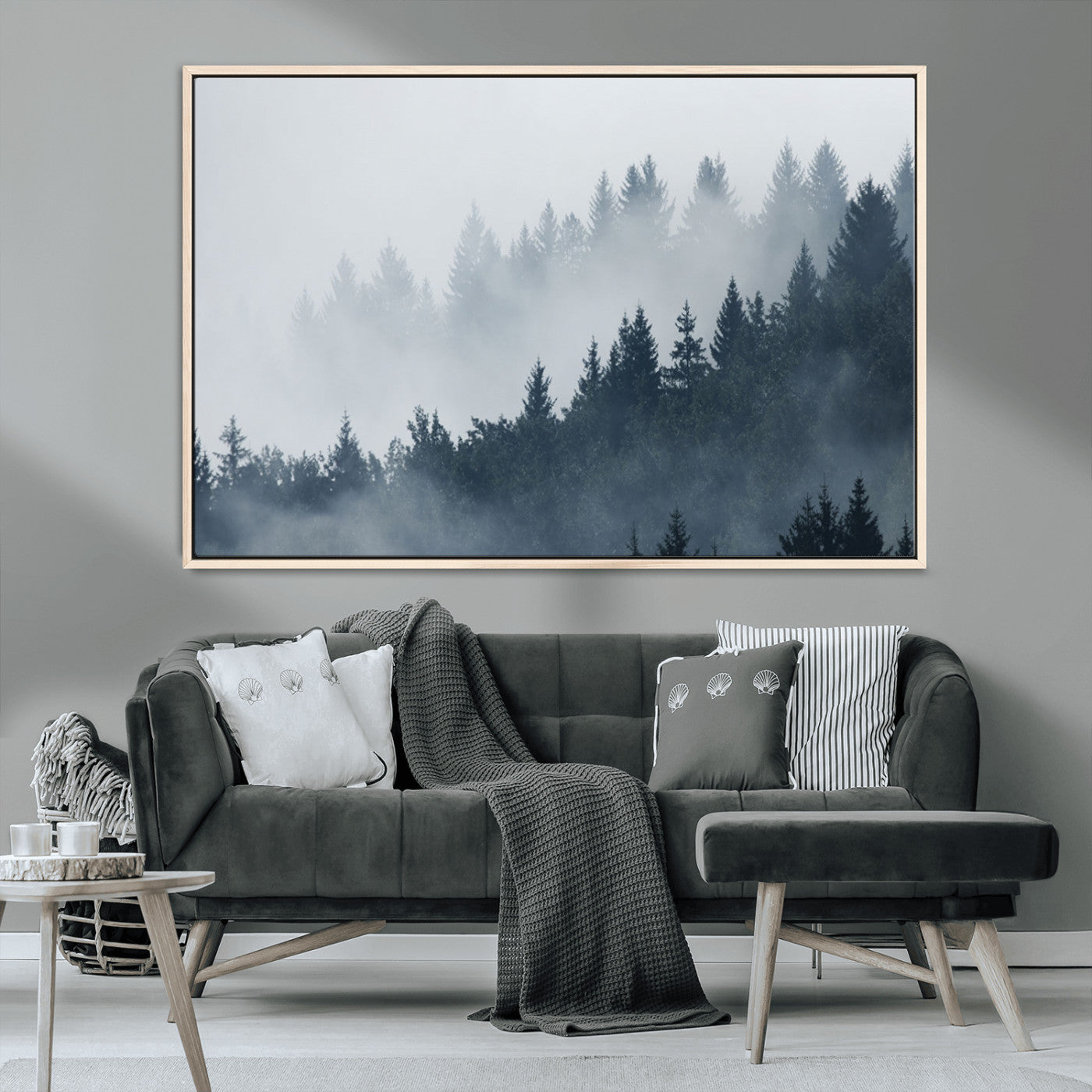 MGV-FC-36X24 - Misty Forest Wall Art Print – Foggy Pine Tree Canvas Print – Dark Woodland Nature Artwork – Perfect for Minimalist and Modern Home Decor
