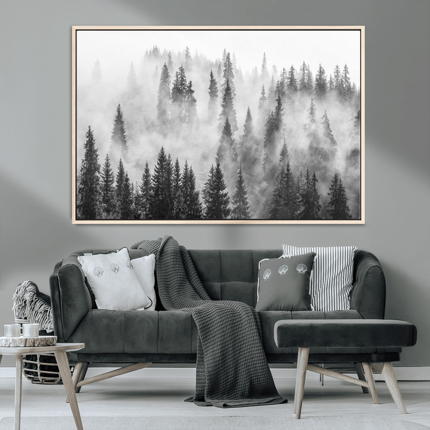 MGV-FC-36X24 - Forest Wall Art Print | Foggy Pine Forest Canvas Wall Art - Black and White Nature-Inspired Decor for Living Room, Modern Forest Landscape Print, Ready to Hang