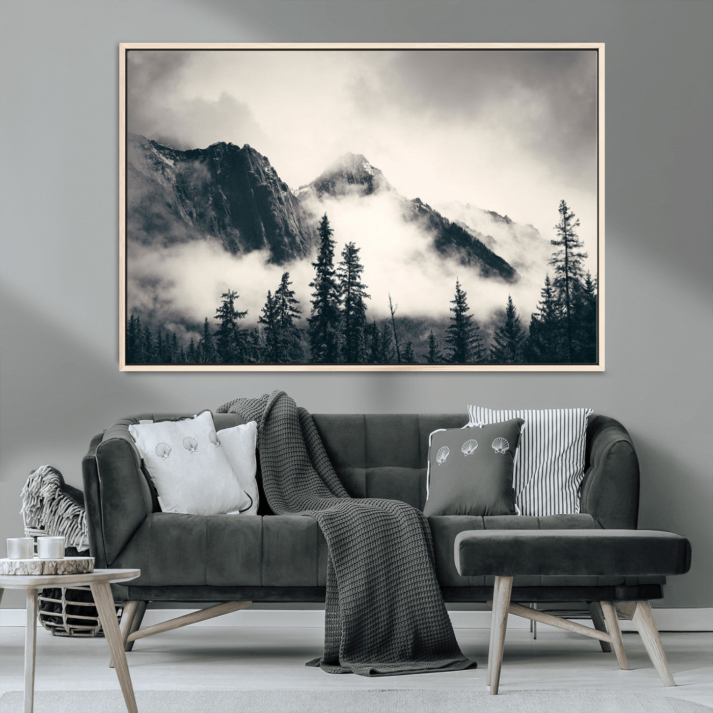 MGV-FC-36X24 - Large Foggy Mountain Forest Wall Art Canvas Print | Misty Mountain Peaks and Pine Trees Print | Framed Gallery Wrap | Rustic Nature Farmhouse Decor