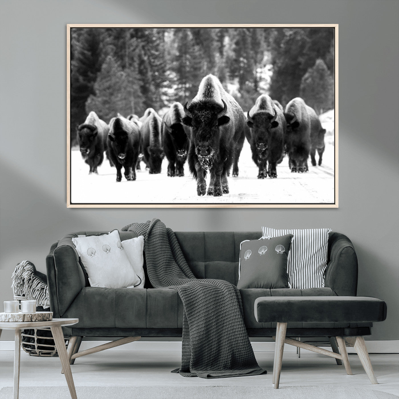 62434-MGV-CV-36X24-Bison Herd in Snow Wall Art Canvas Print | Rustic Western Bison Wall Art for Decor for Living Room,