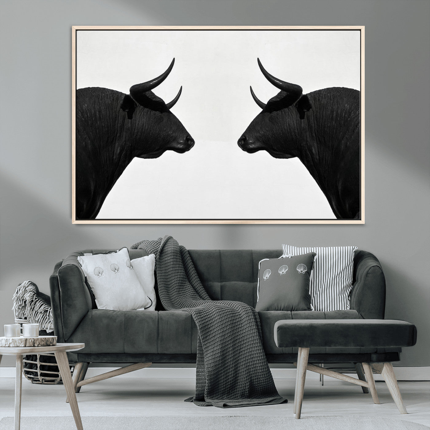 -Spanish Bull Art - Framed Black and White Bull Canvas Print for Modern Rustic Home or Office Decor