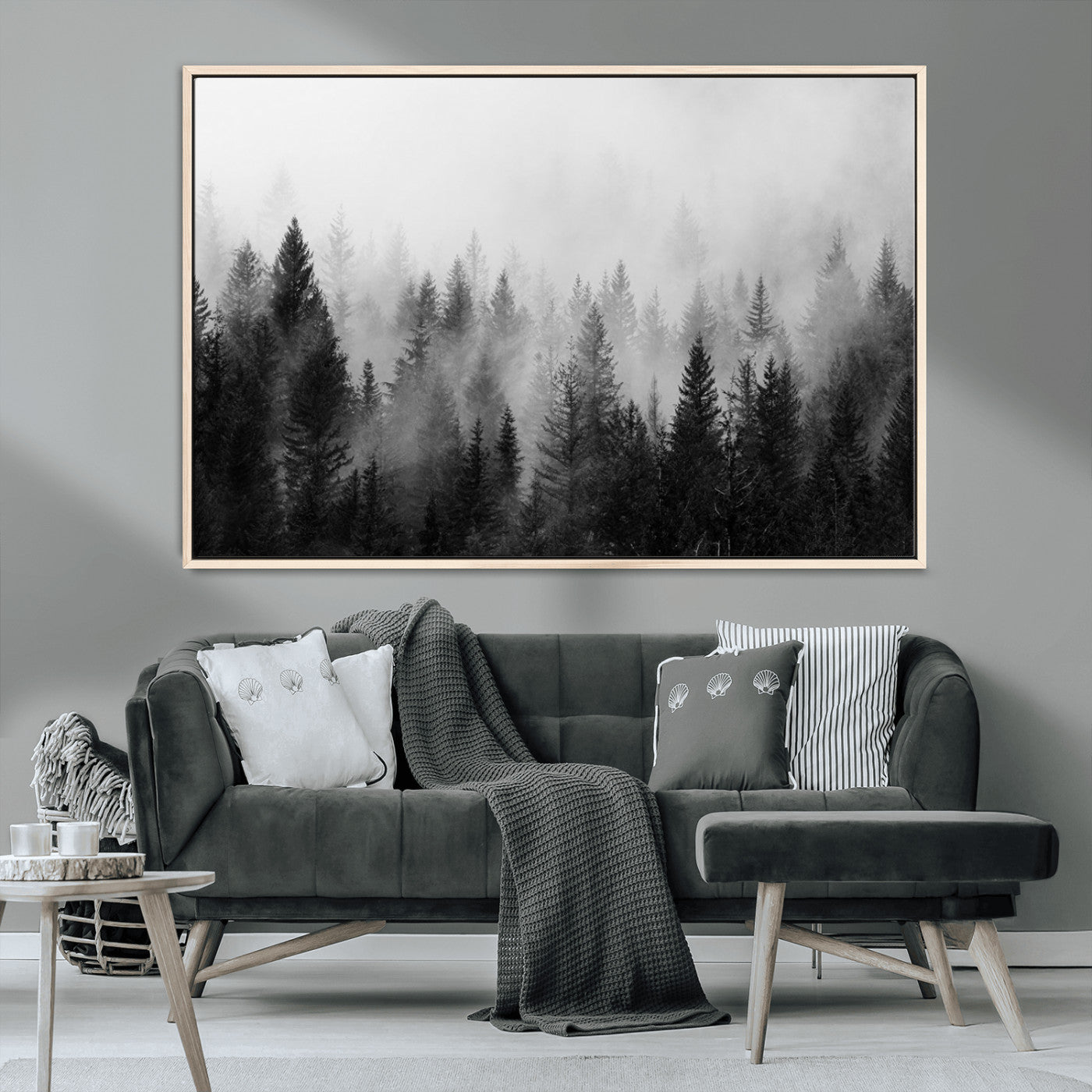 MGV-FC-36X24 - Foggy Black and White Forest Wall Art, 3 Panel Misty Pine Trees Canvas Print for Living Room, Office, or Bedroom, Nature-Inspired Woodland Wall Decor