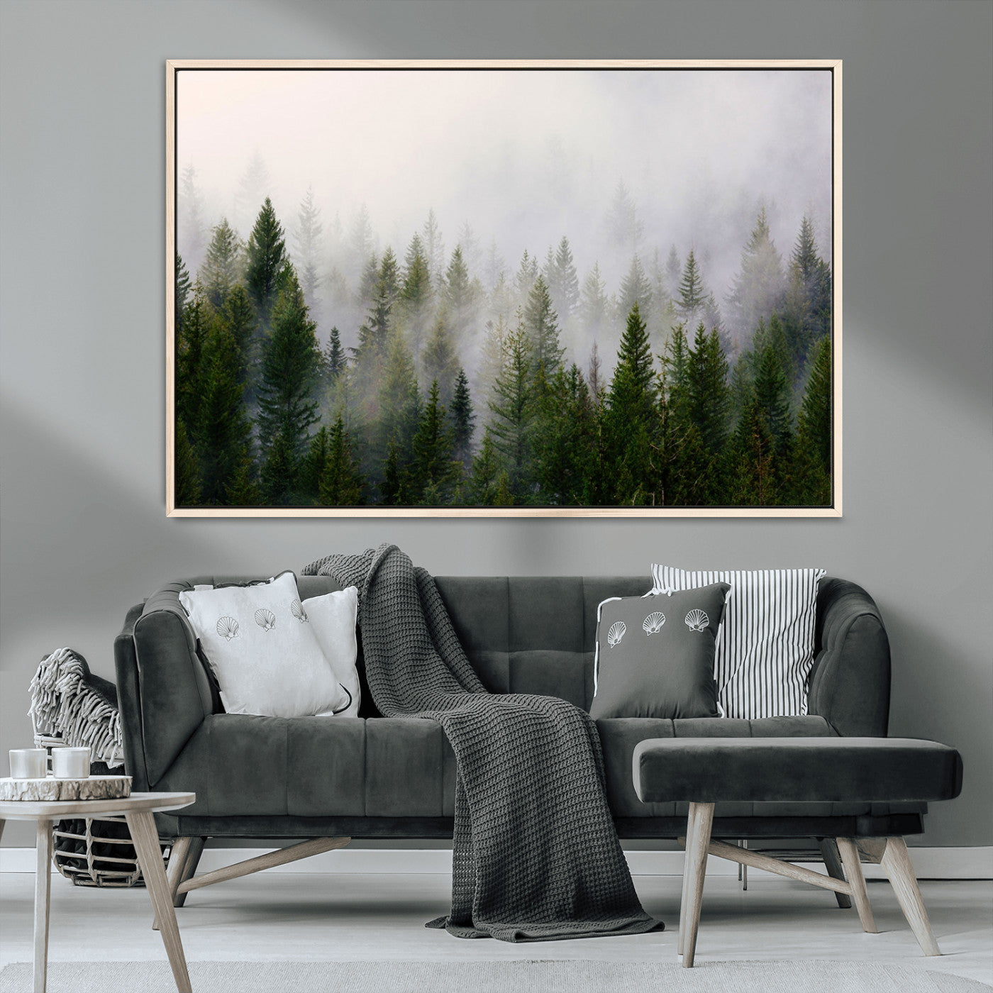 MGV-FC-36X24 - Misty Pine Forest Wall Art Canvas Print | 3 Panel Green Woodland Canvas Print for Living Room, Office, or Dining Room | Nature Foggy Forest Decor