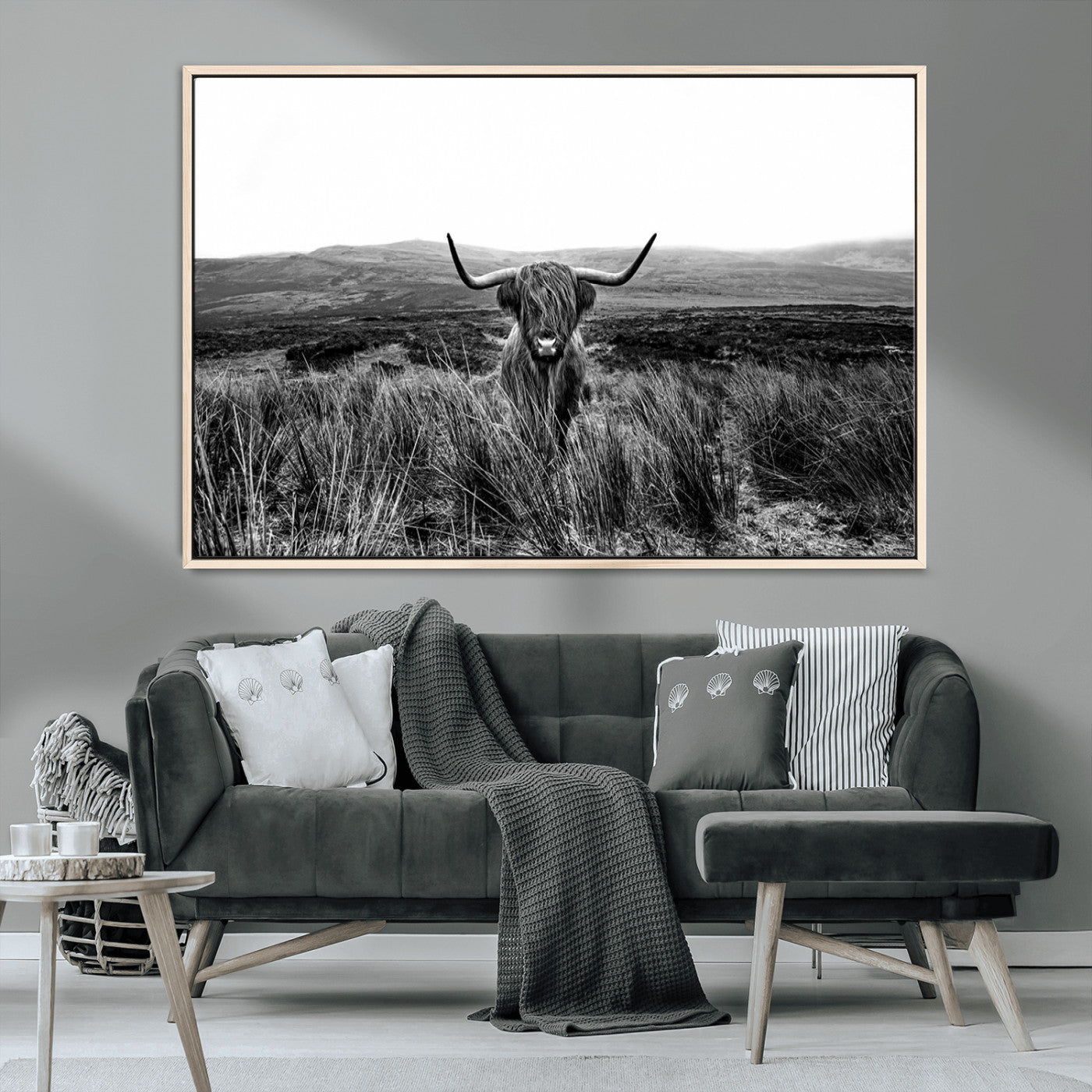 MGV-FC-36X24 - Black and White Highland Cow Canvas Wall Art, Longhorn Triptych Western Wall Decor for Cabin -