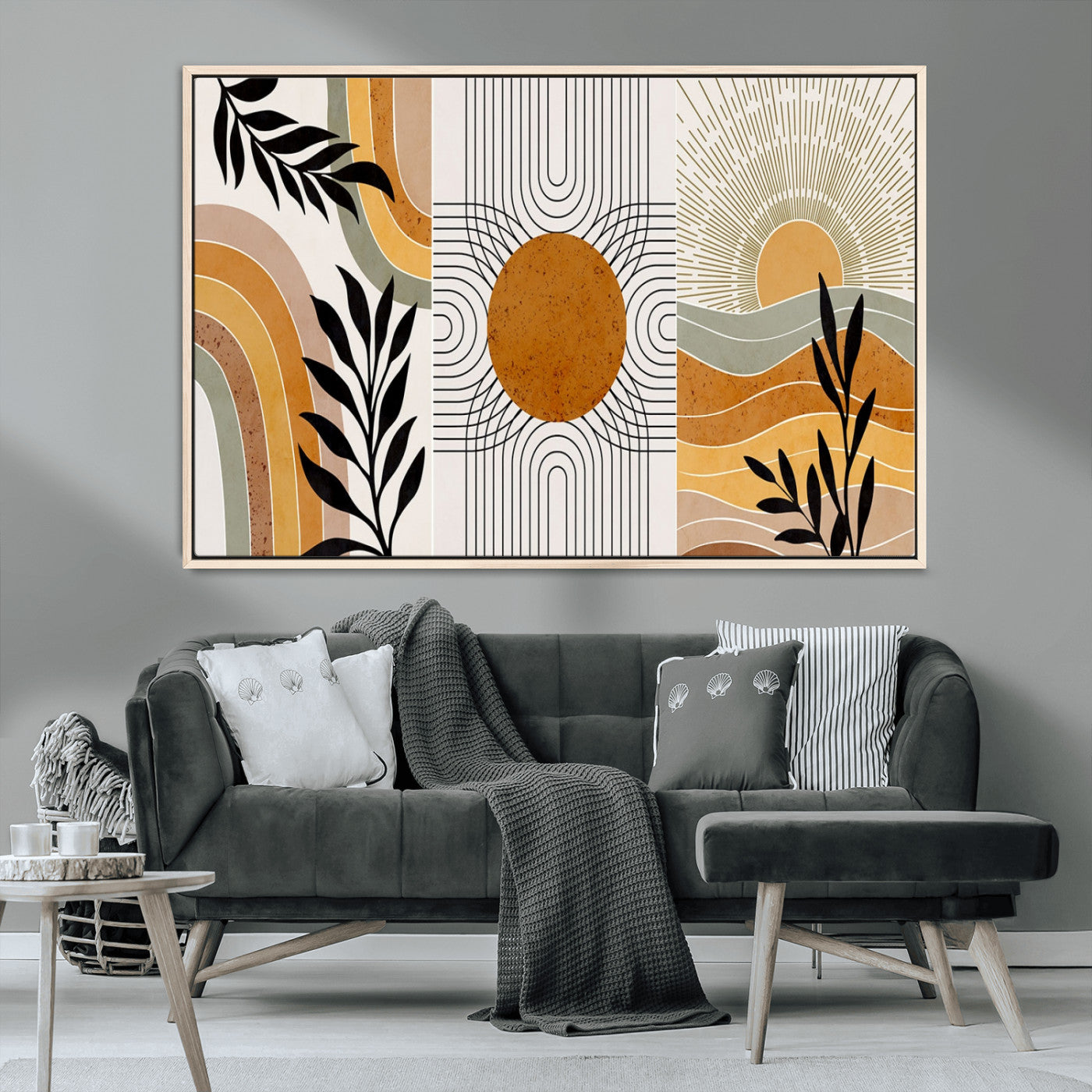 MGV-FC-36X24 - Modern Boho Sun and Leaf Abstract Art – 3-Panel Giclée Canvas for Mid-Century Modern or Bohemian