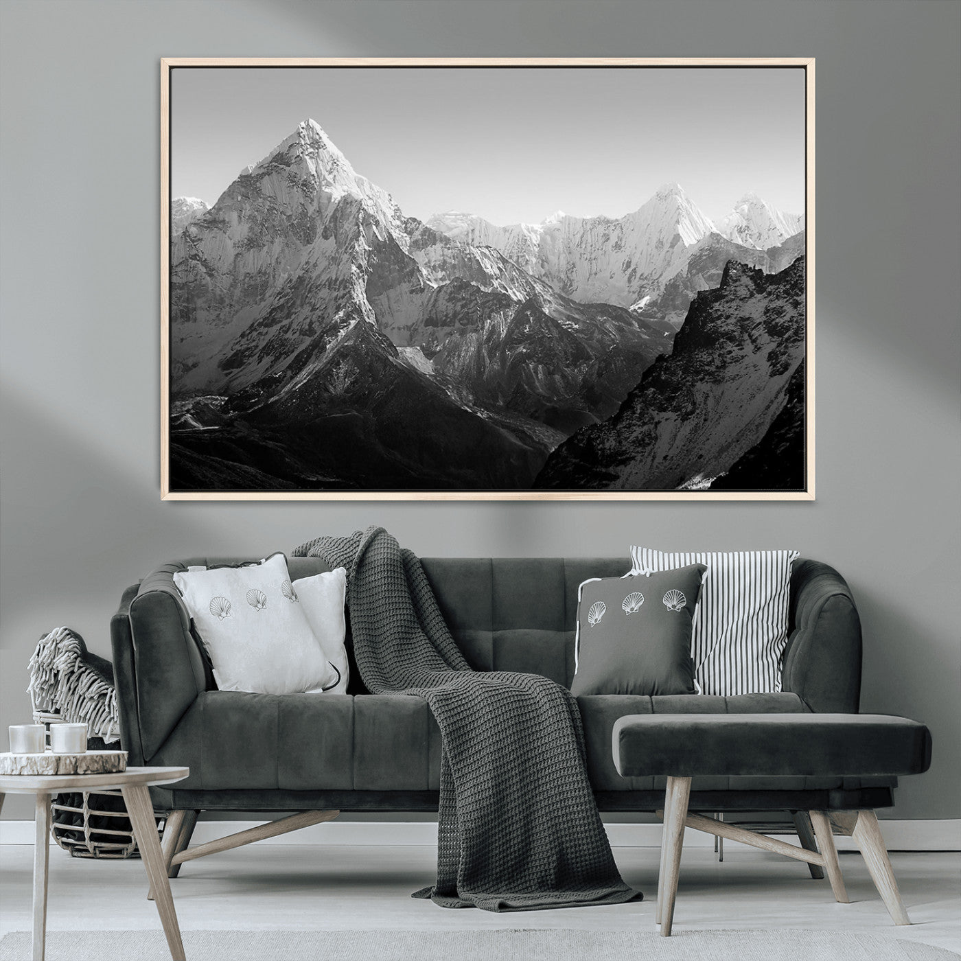 MGV-FC-36X24 - Everest Himalaya Mountain Peaks Black & White Triptych Canvas Art – Mountain Wall Decor for Minimalist Interiors