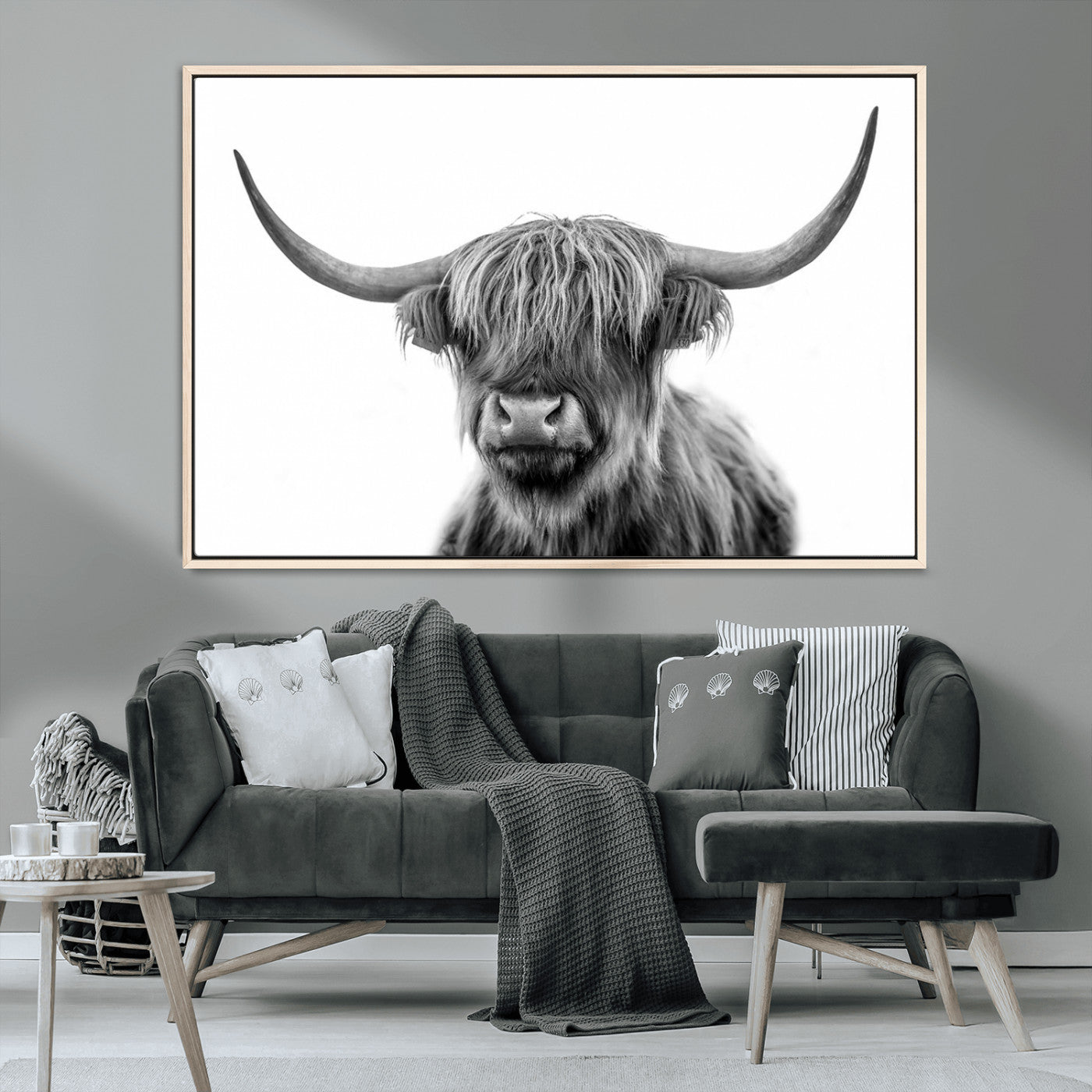 MGV-FC-36X24 - Grayscale Scottish Highland Cow Cattle Art Print Farmhouse Wall Art Canvas Print