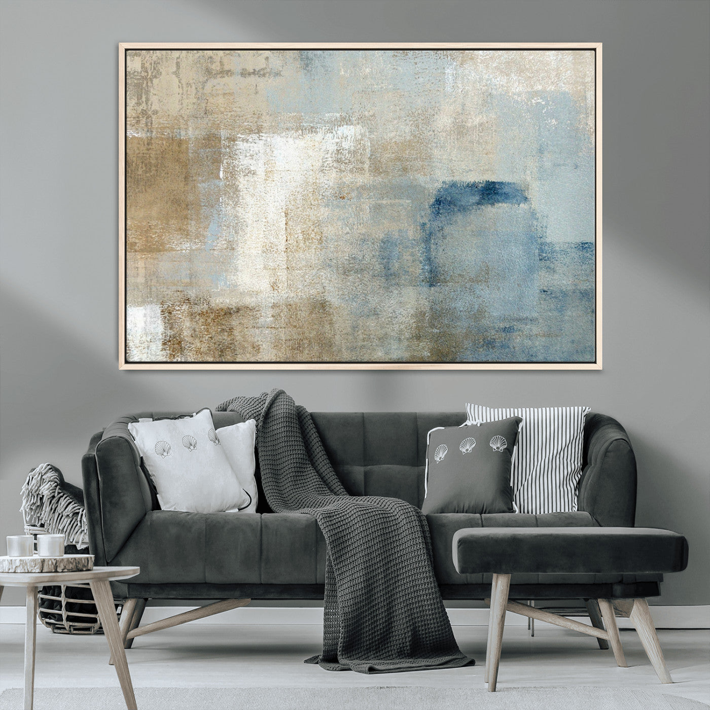 MGV-FC-36X24 - Abstract Blue and Beige Wall Art, Modern Minimalist Canvas Print Set, Giclee Textured Art, Large Multi-Panel Artwork for Living Room