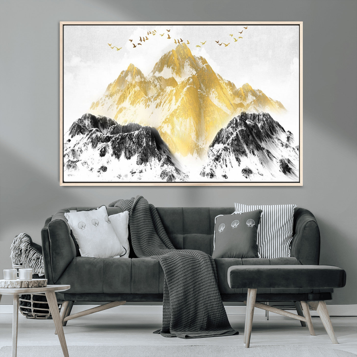 MGV-FC-36X24 - Golden Mountain Triptych Wall Art, Modern Giclee Canvas Print, Nature Landscape Decor for Living Room, Contemporary Gold and Black Wall Art