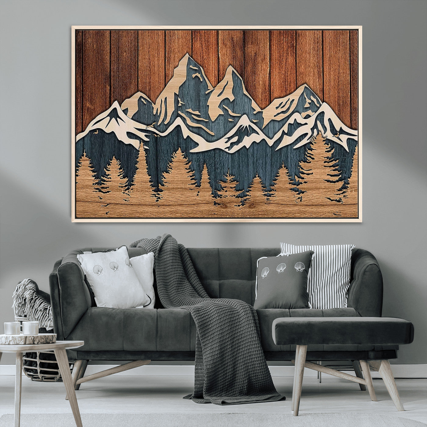 MGV-FC-36X24 - Rustic Wood Style Mountain Wall Art, Nature Forest Canvas Print, Wooden Textured Mountain Artwork, Handcrafted Landscape Decor for Farmhouse Decor