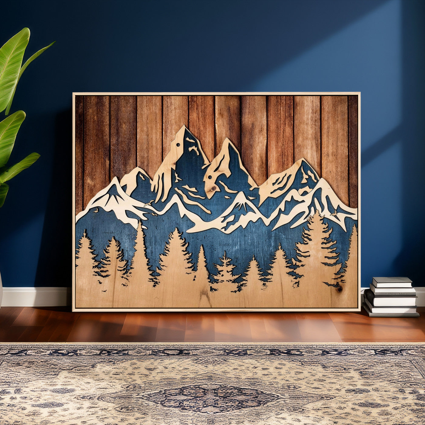 41330-MGV-CV-36X24 - Rustic Wood Style Mountain Wall Art, Nature Forest Canvas Print, Wooden Textured Mountain Artwork Print