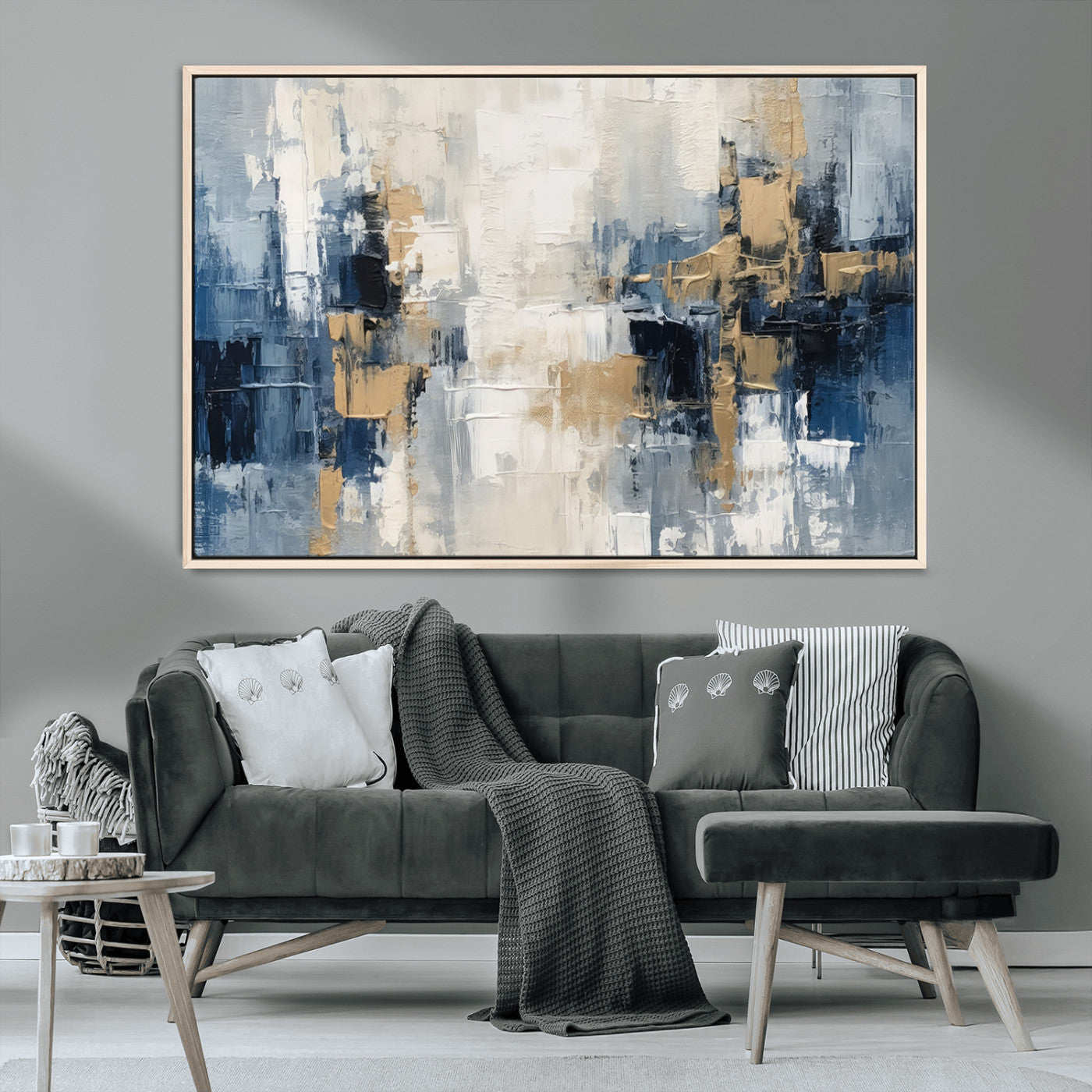 -Modern Abstract Canvas Wall Art in Blue and Gold Tones | Large Contemporary Art for Living Room,