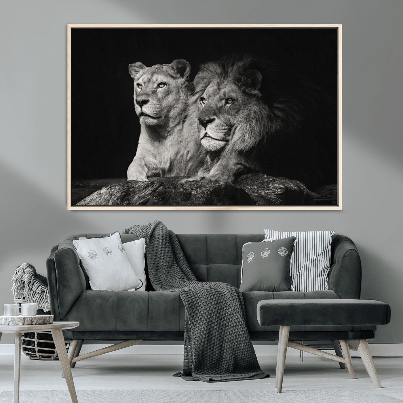 MGV-FC-36X24 - Lion Couple Canvas Wall Art Print – Elegant Wildlife Portrait in Black and White Lion Family – Ready to Hang