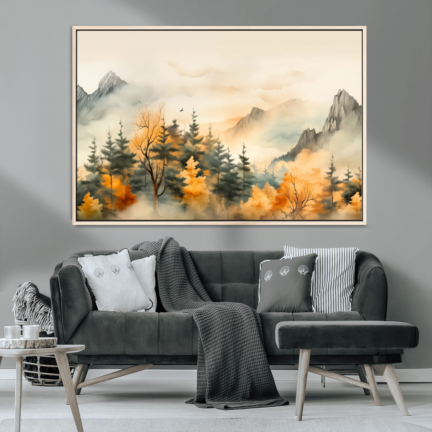 MGV-FC-36X24 - Abstract Watercolor Mountains and Trees Autumn Art, Watercolor Mountains and Trees Canvas Print
