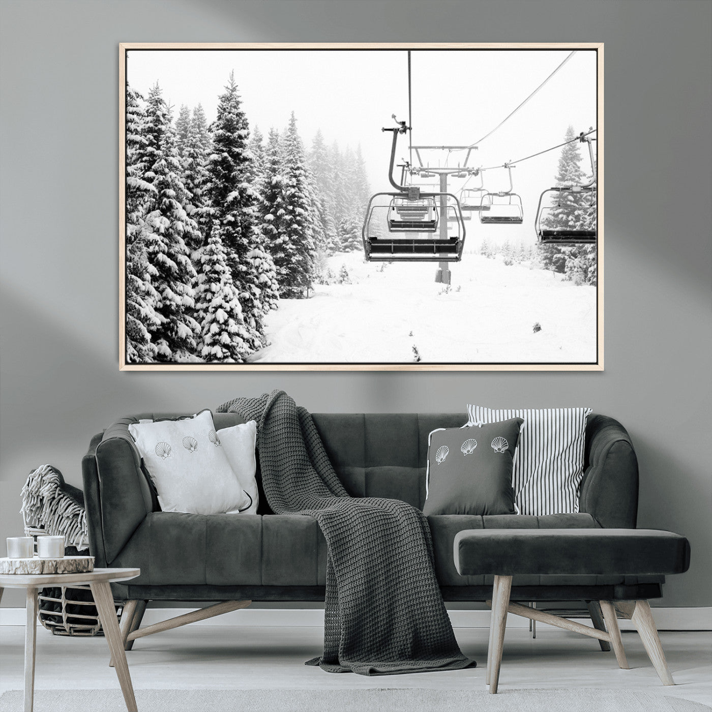 MGV-FC-36X24 - Winter Forest Wall Art Canvas Print, Framed Snowy Forest Art Picture Print, Winter Ski Lift Perfect