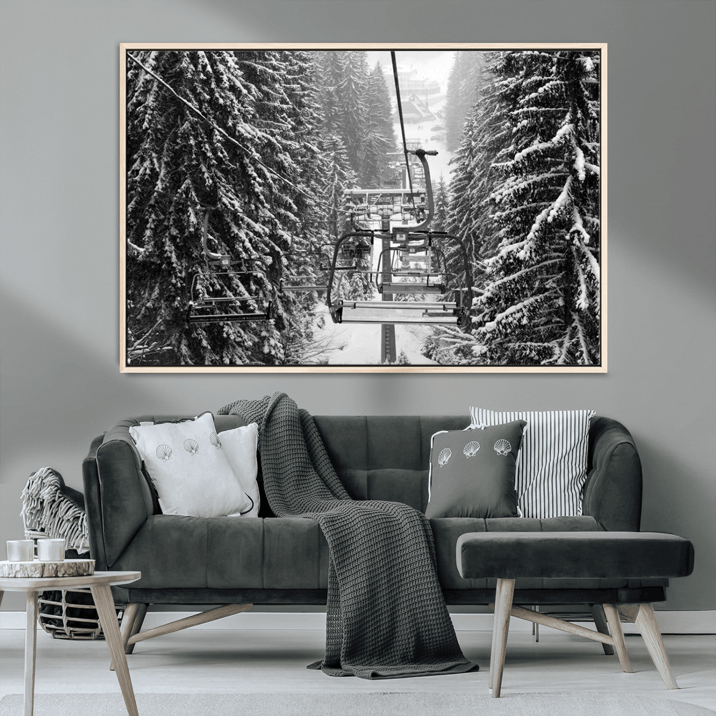 MGV-FC-36X24 - Winter Ski Lift Black and White Canvas Wall Art – Alpine Escape in Minimalist Style – Ready to Hang