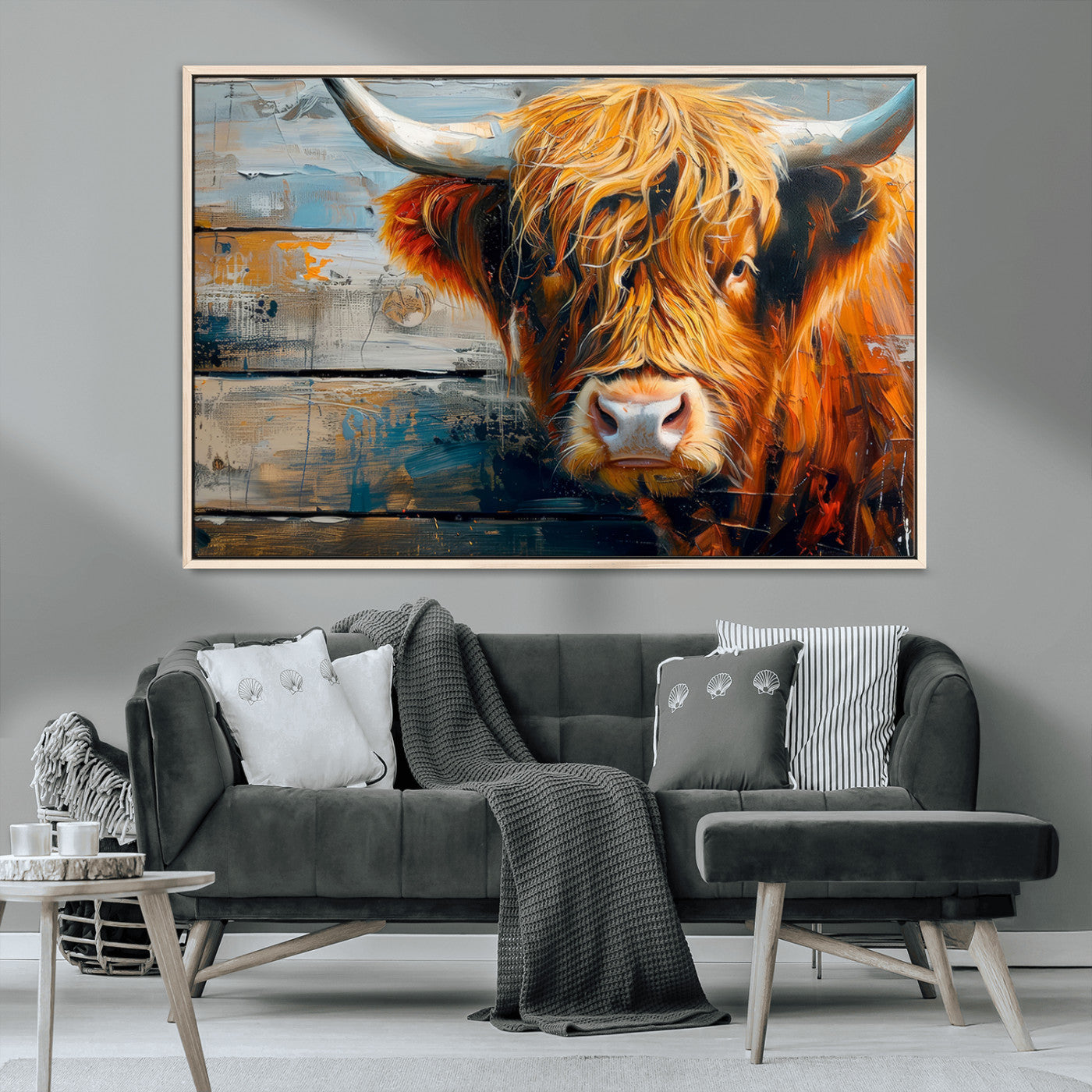 -Highland Cow Abstract Canvas Wall Art – Bold Farmhouse Rustic Decor – Ready to Hang