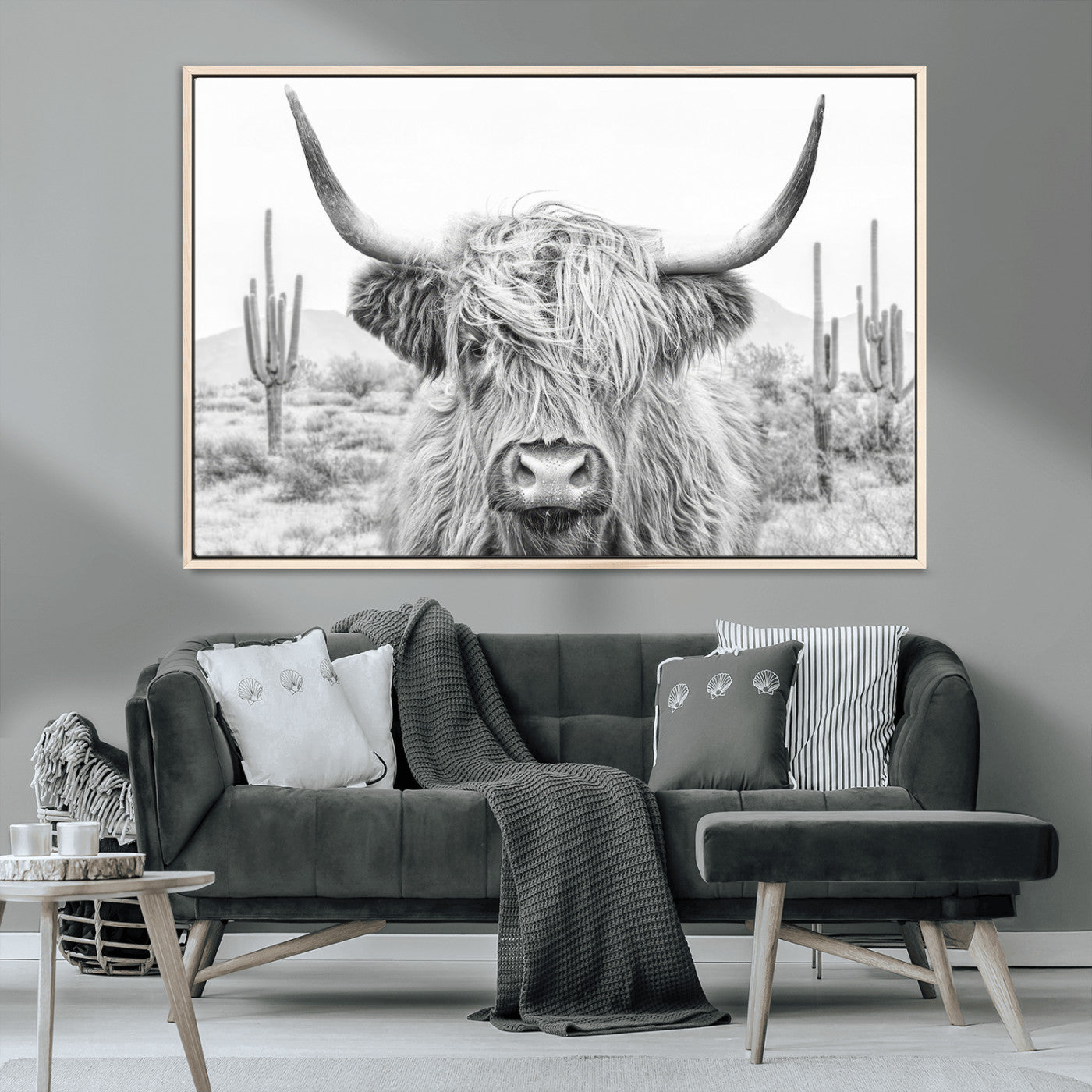 -Rustic Charm | Cow Longhorn Black White Bighorn Wall Art Canvas Print | Farmhouse Wall Art