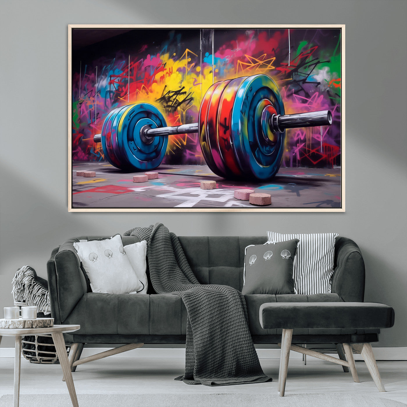 MGV-FC-36X24 - Abstract Graffiti Barbell Canvas Wall Art – Urban Fitness Meets Bold Street Art Print - Gym Wall Art Print