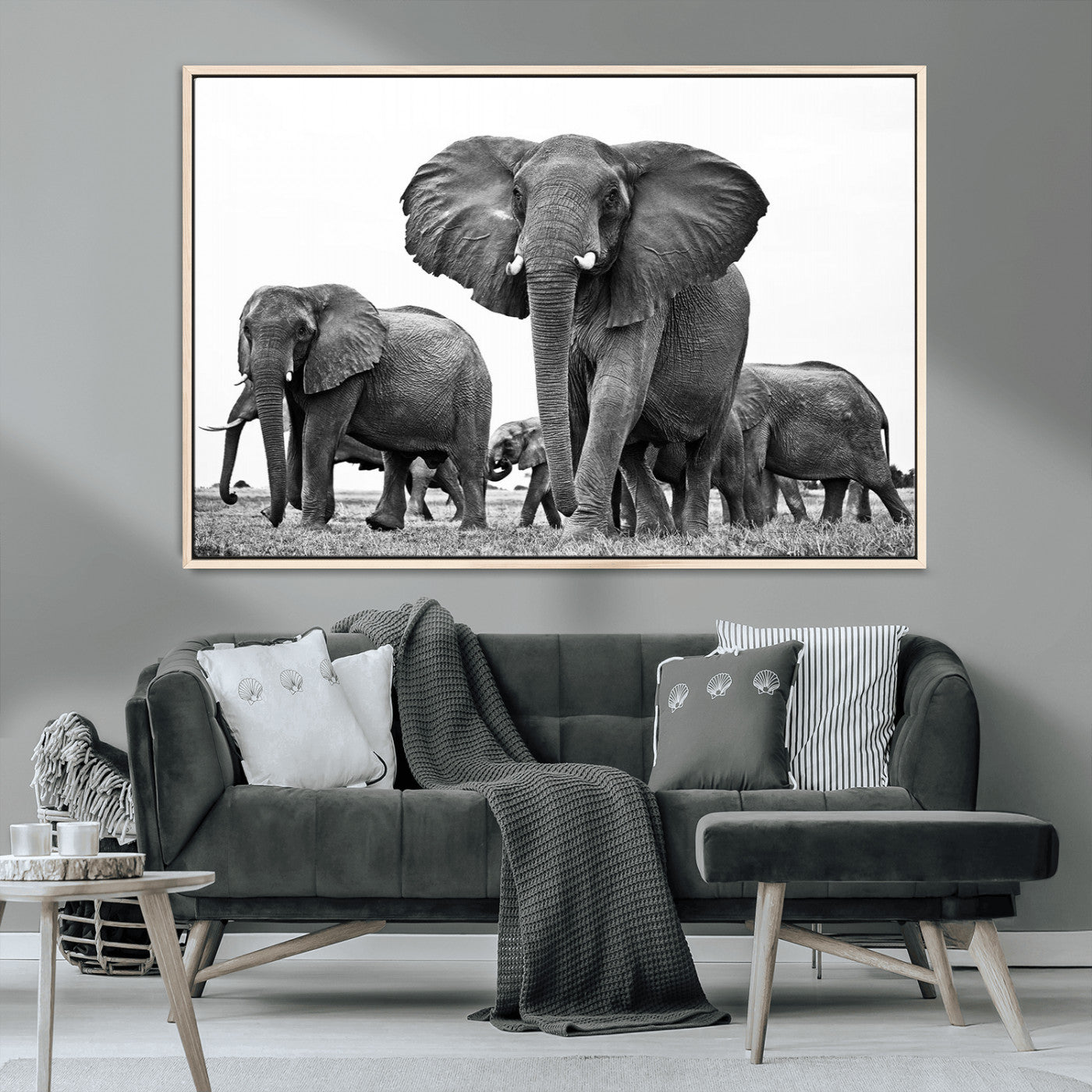 MGV-FC-36X24 - Black White Elephant Family Wall Art Canvas Print