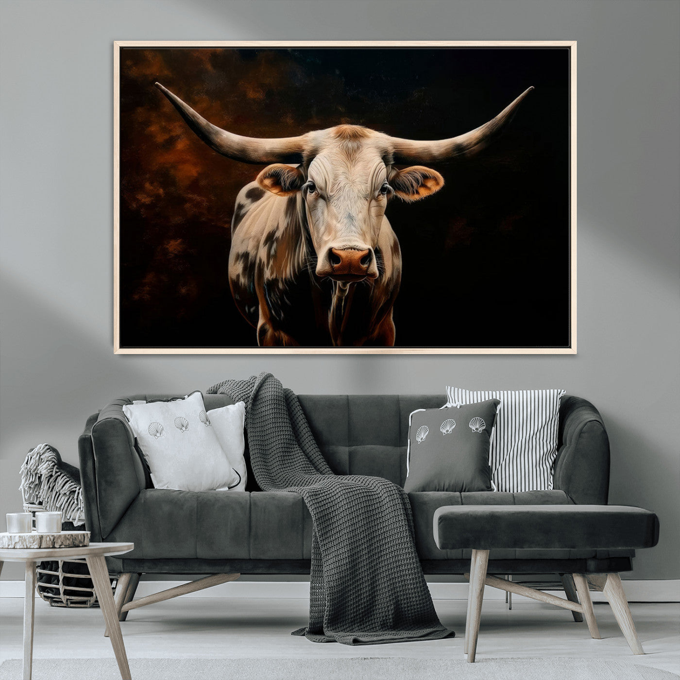 MGV-FC-36X24 - Texas Longhorn Wall Art | 3-Panel Large Texas Longhorn Canvas Print for Living Room, Office, or Farmhouse Decor | Framed Giclee Longhorn Wall Art
