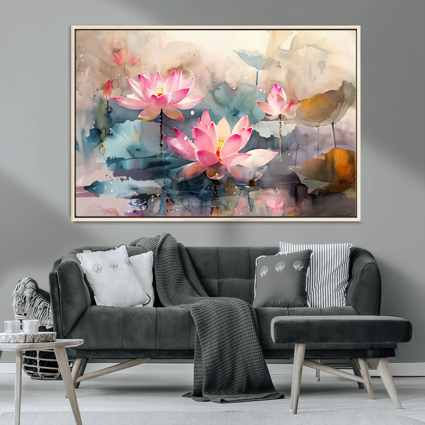 MGV-FC-36X24 - Lotus Flower Wall Art | 3-Panel Giclee Canvas Print of Pink Lotus Blossoms for Living Room, Bedroom, Office | Framed Lotus Floral Wall Art Decor Print