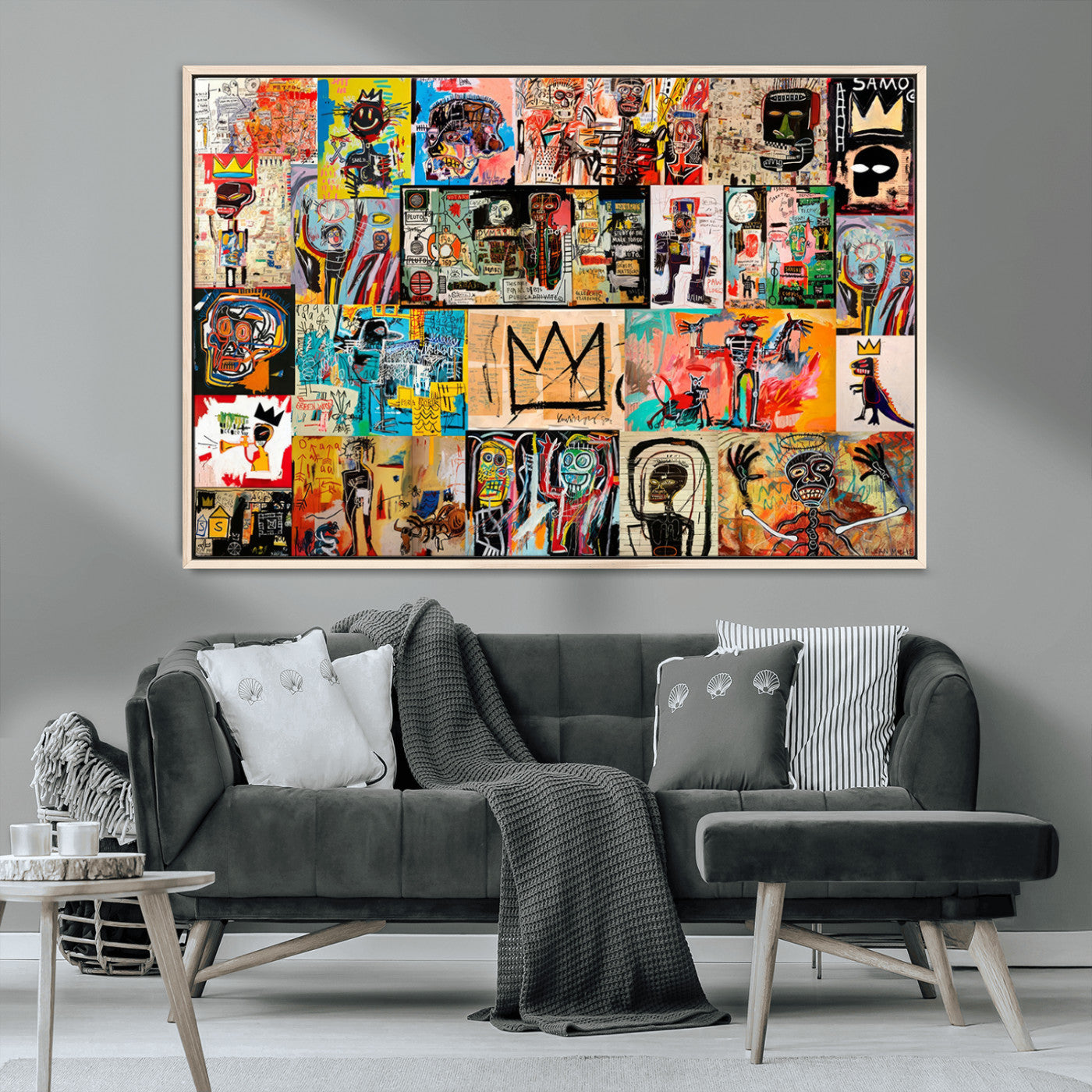 MGV-FC-36X24 - Basquiat Art Collage Wall Art Canvas Print – Framed, Ready to Hang, Urban Graffiti Style