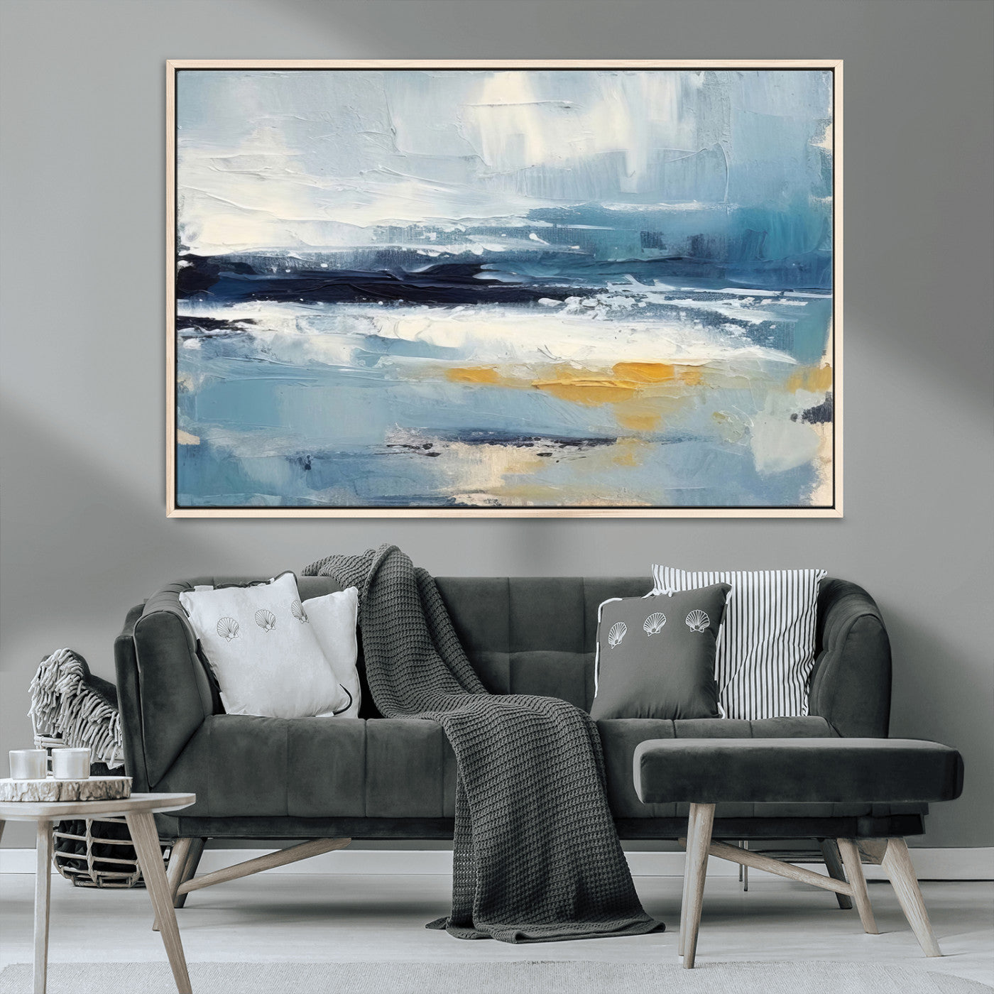 MGV-FC-36X24 - Abstract Ocean Canvas Wall Art - Coastal Blue and Gold Textured Painting, Modern Seascape Decor for Living Room Decor