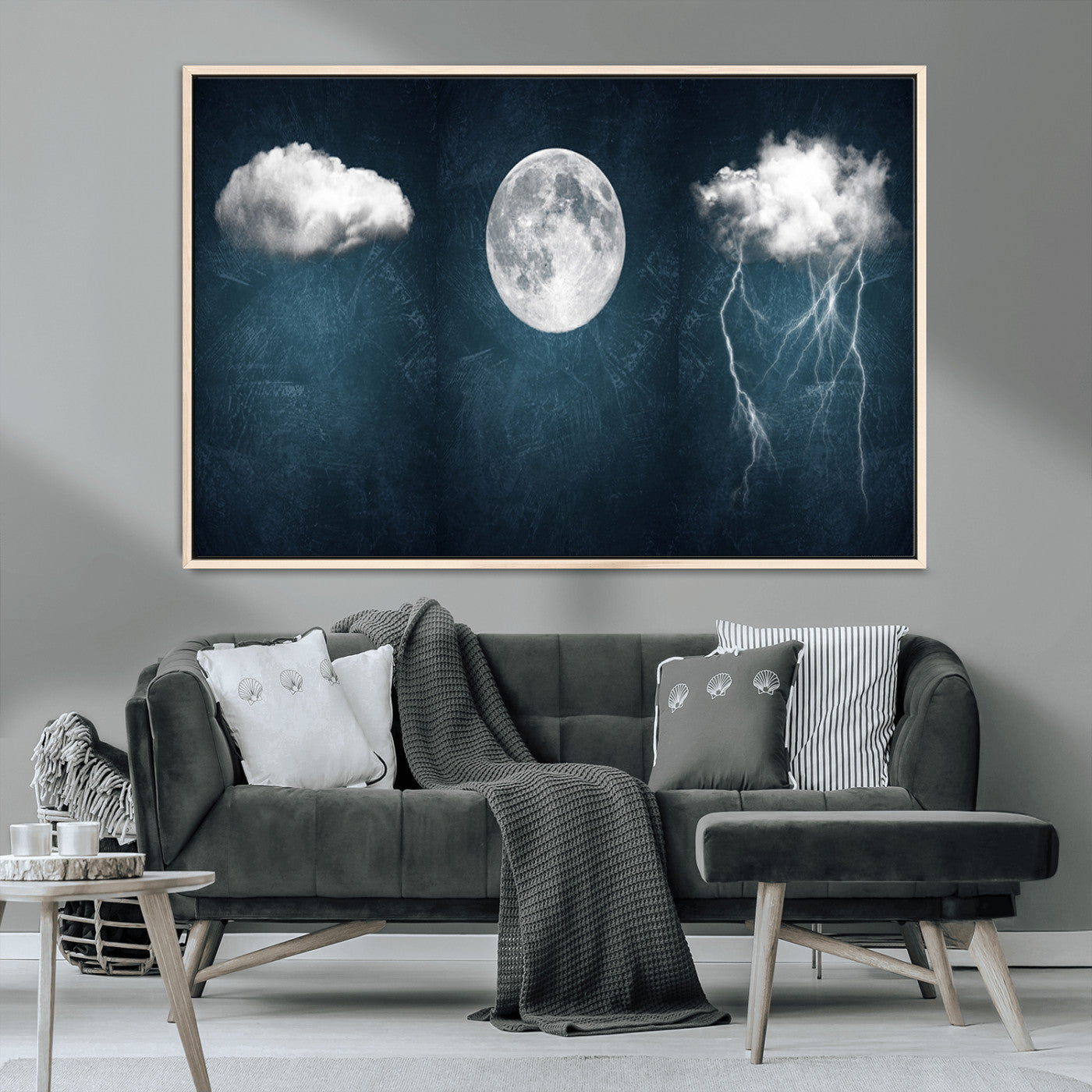 17673-MGV-FC-36X24_Natural-3 Piece Indigo Cloud Wall Art, Thunderstorm Moon Cloud Artworks