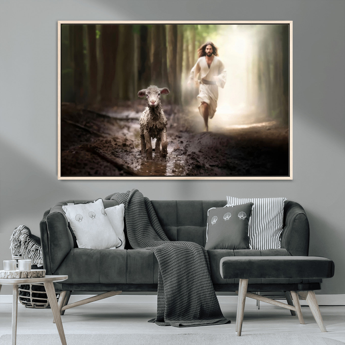 MGV-FC-36X24 - Jesus Canvas Wall Art - Jesus Running After Lost Lamb, Jesus, Christian Home Decor - Church Wall Art