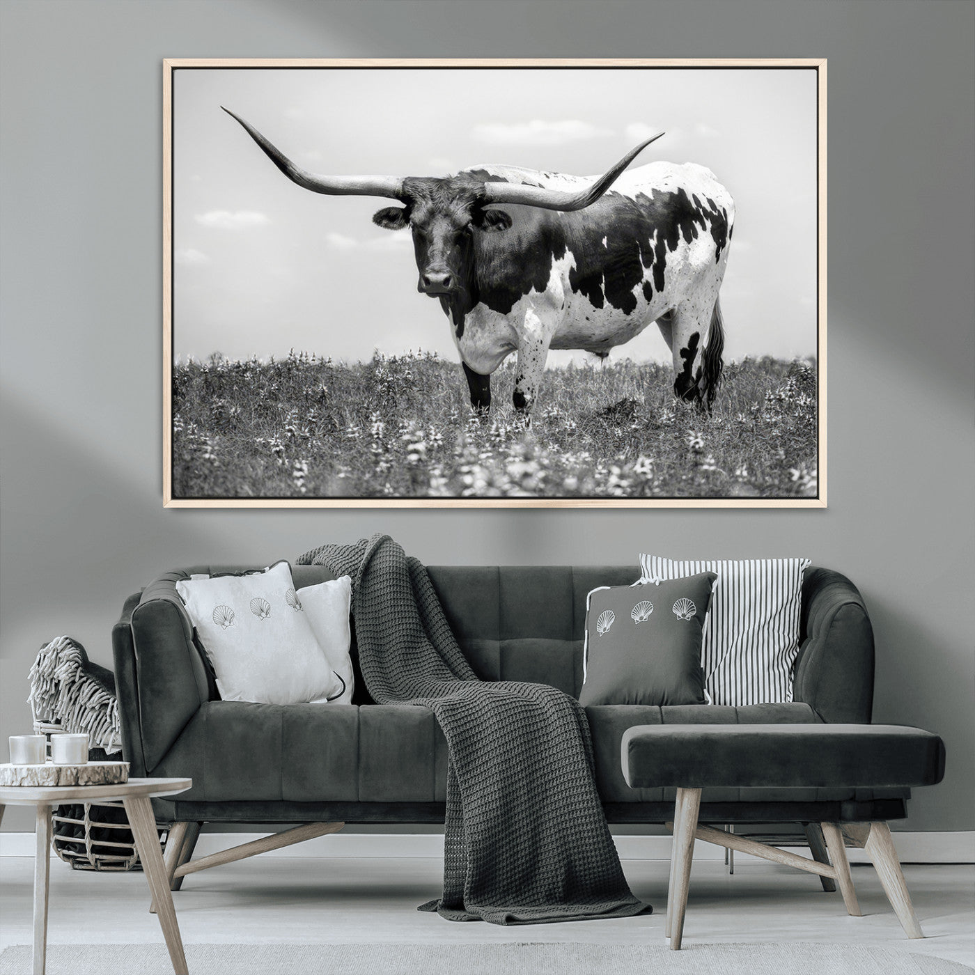 -Texas Black White Highland Longhorn Cow Wall Art Canvas Print