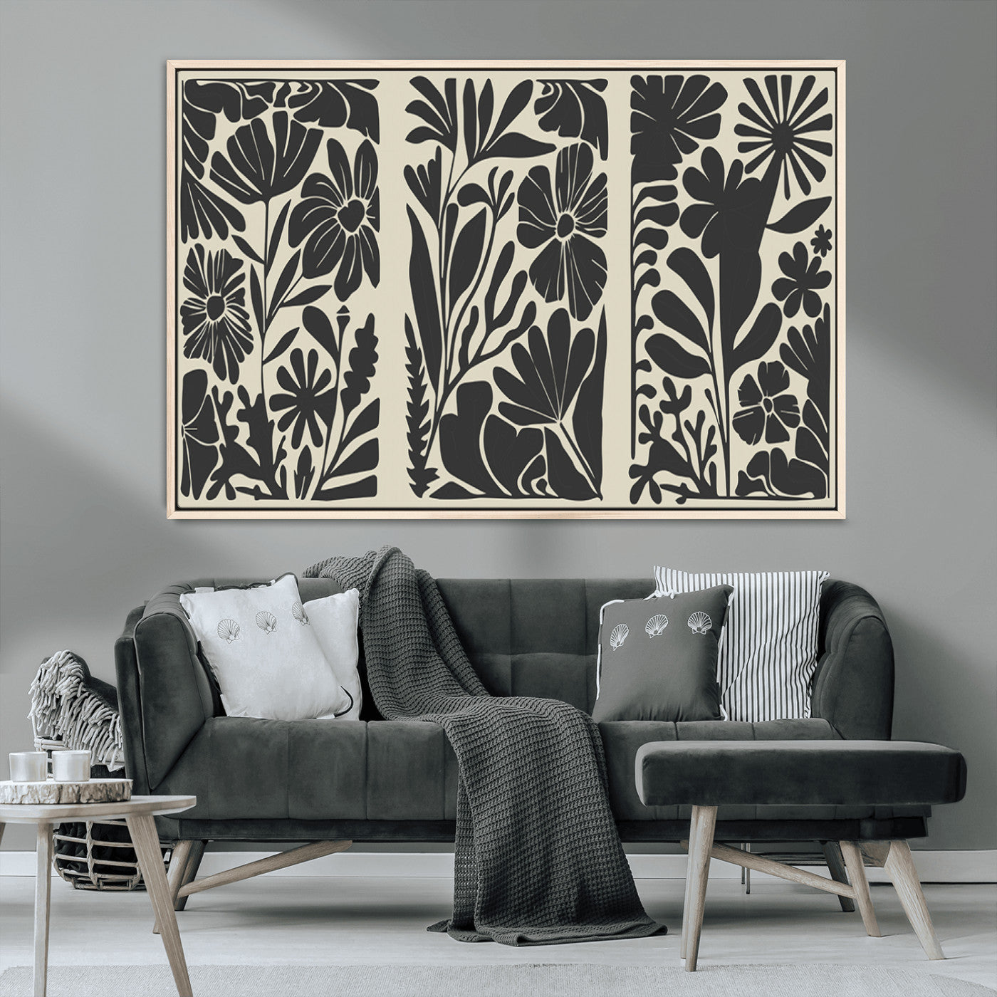 MGV-FC-36X24 - Modern Botanical Wall Art - Floral Black and White Canvas Print, Framed, Ready to Hang