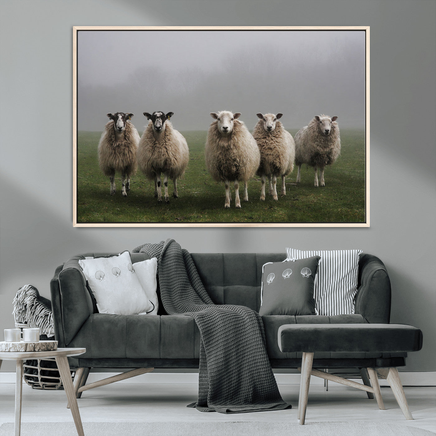 -Flock of Sheep in a Mystical Fog – Pastoral Wall Art Canvas Print, Framed, Ready to Hang
