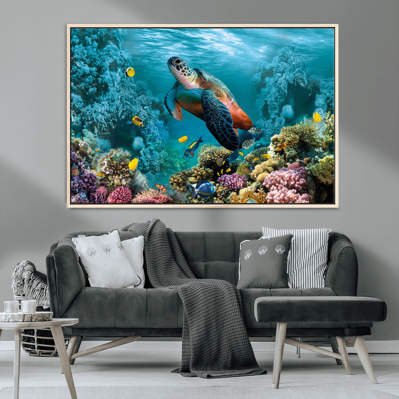 MGV-FC-36X24 - Sea Turtle and Coral Reef Triptych Wall Art – Vibrant Underwater Scene Canvas Set for Ocean Lovers and Coastal Decor – Ready to Hang 3-Panel Artwork