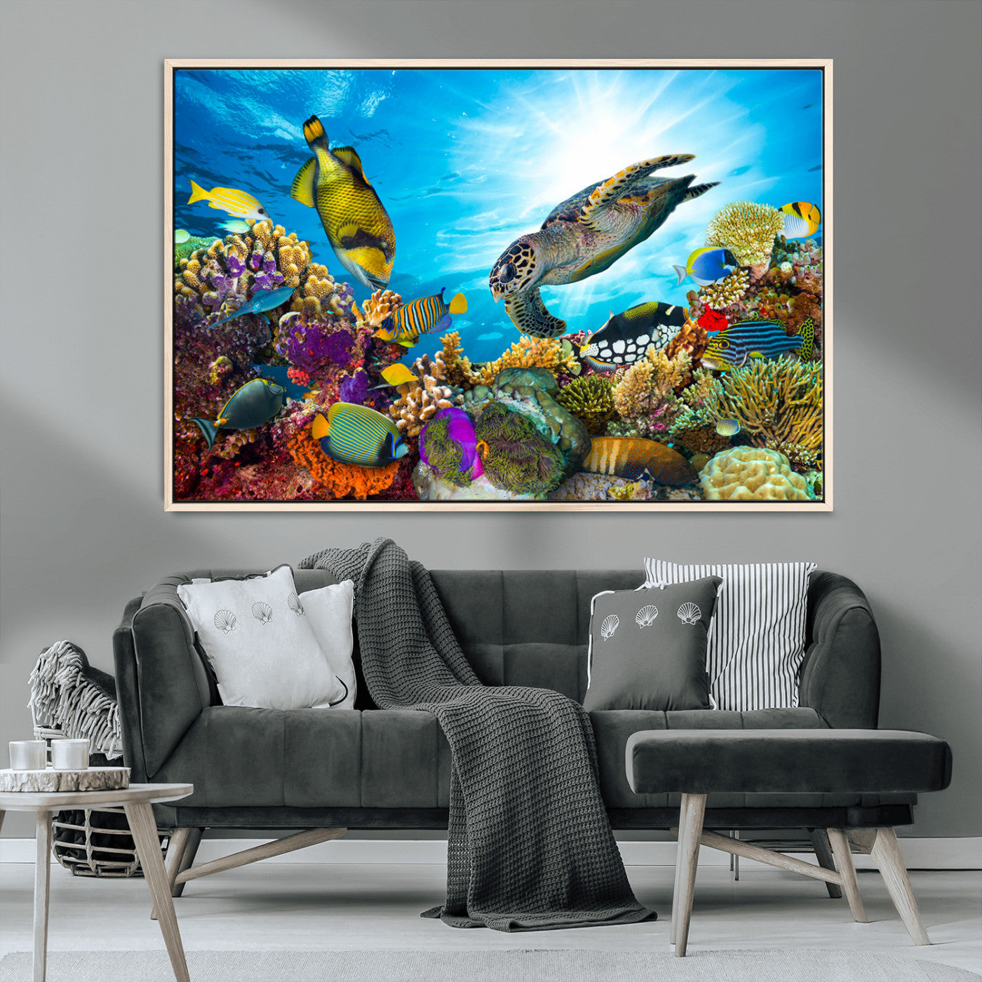 -Colorful Coral Reef and Sea Life Turtle Canvas Print, Underwater Tropical Ocean Wall Art for Home